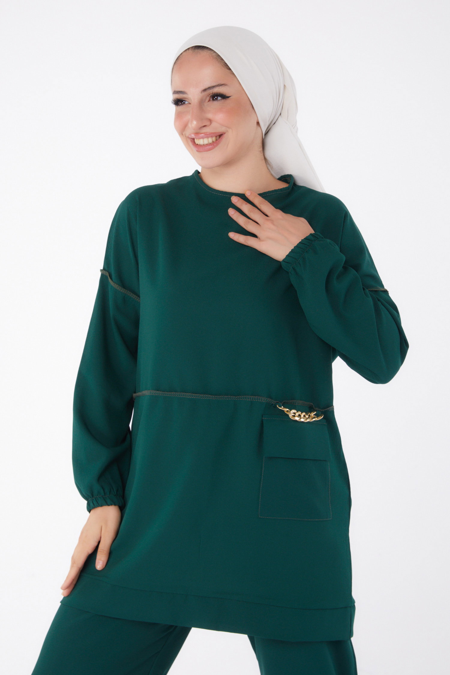 Düz Orta Kadın Zümrüt Tunik Pantolon - 10542 - 2