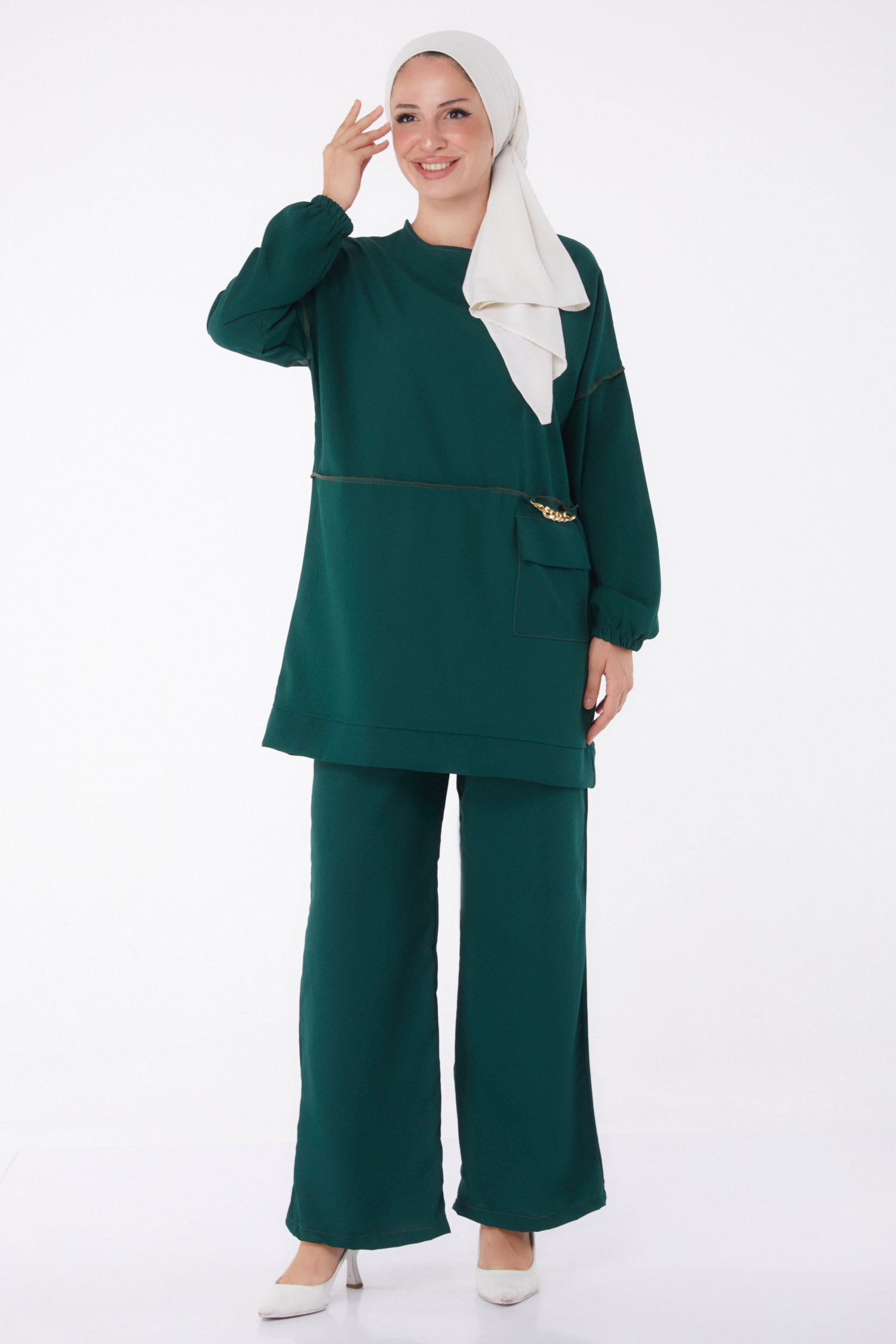 Düz Orta Kadın Zümrüt Tunik Pantolon - 10542 - 3