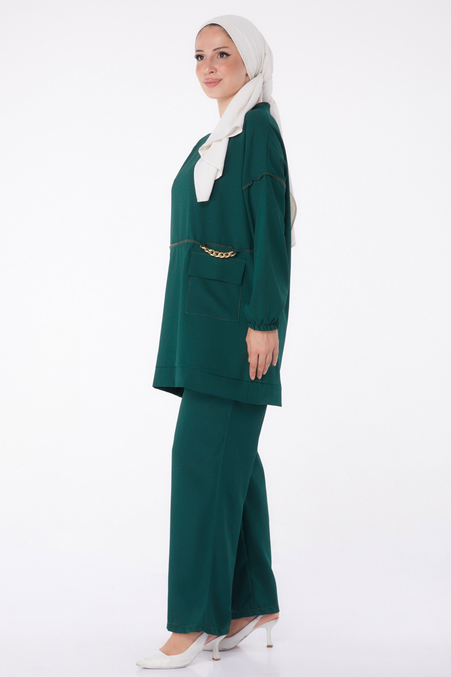 Düz Orta Kadın Zümrüt Tunik Pantolon - 10542 - 4
