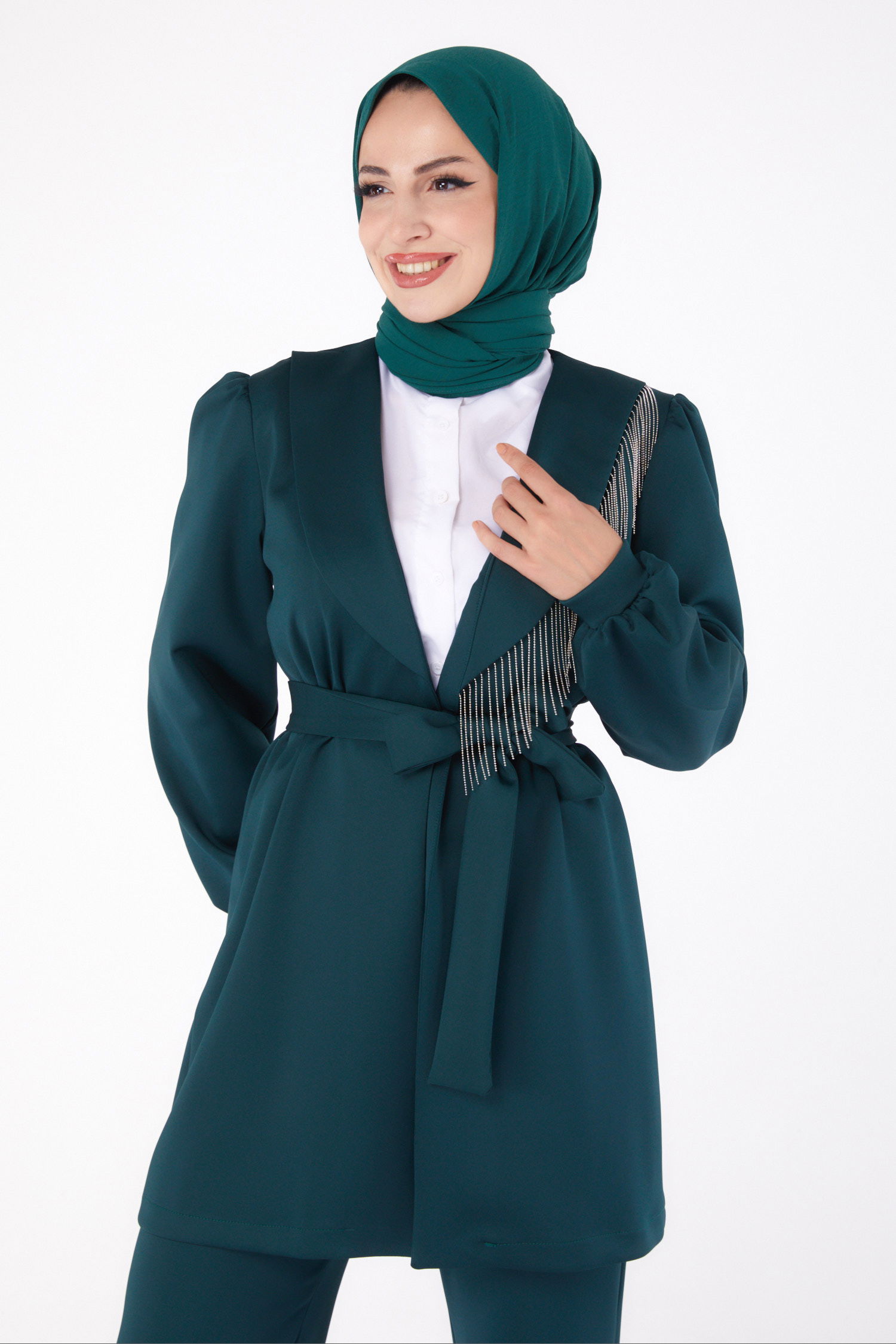 Düz Orta Kadın Zümrüt Zincir Detaylı İkili Takım - 26380 - 3