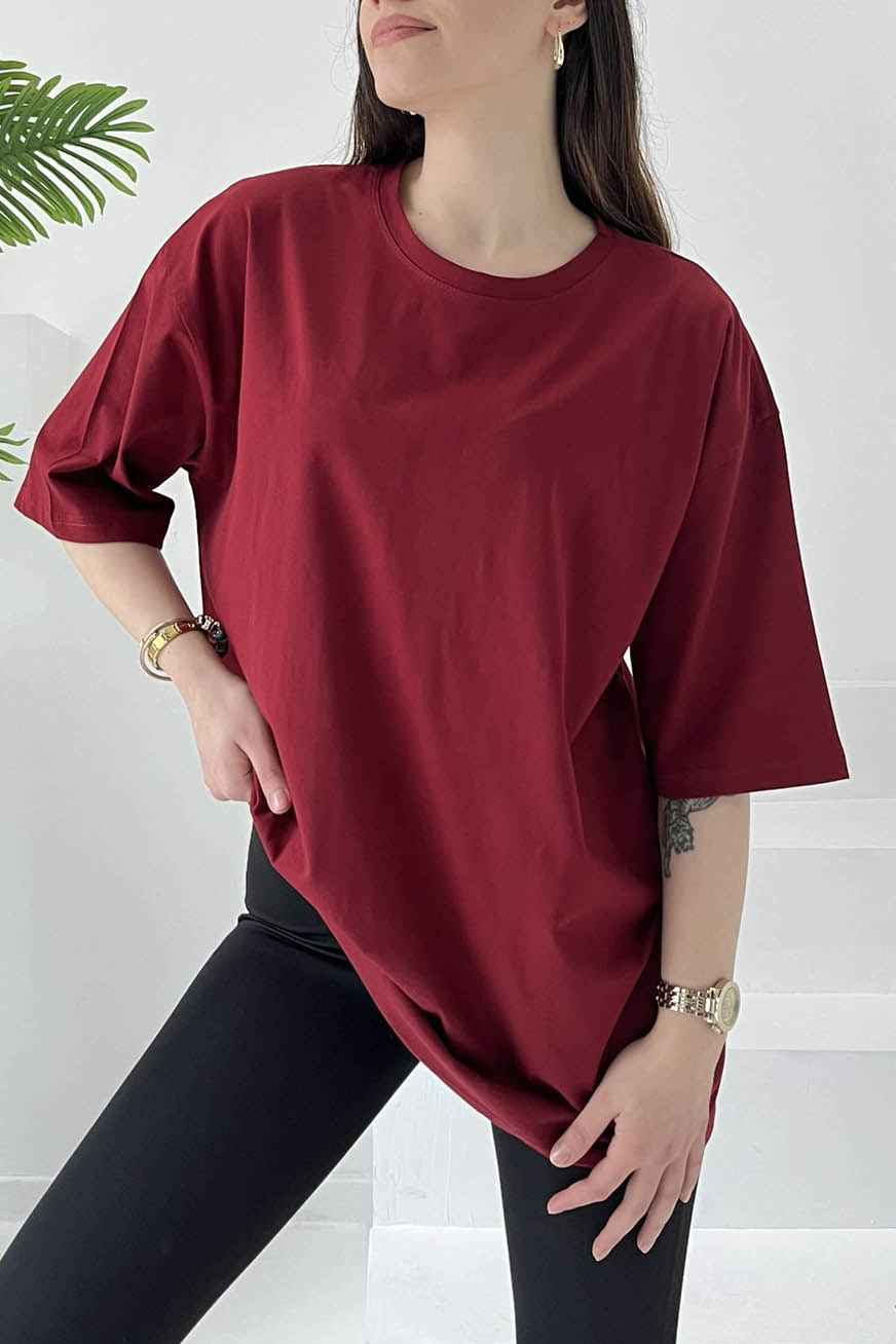 Düz Salaş Kısa Kollu T-Şhirt Bordo - 27028 - 2
