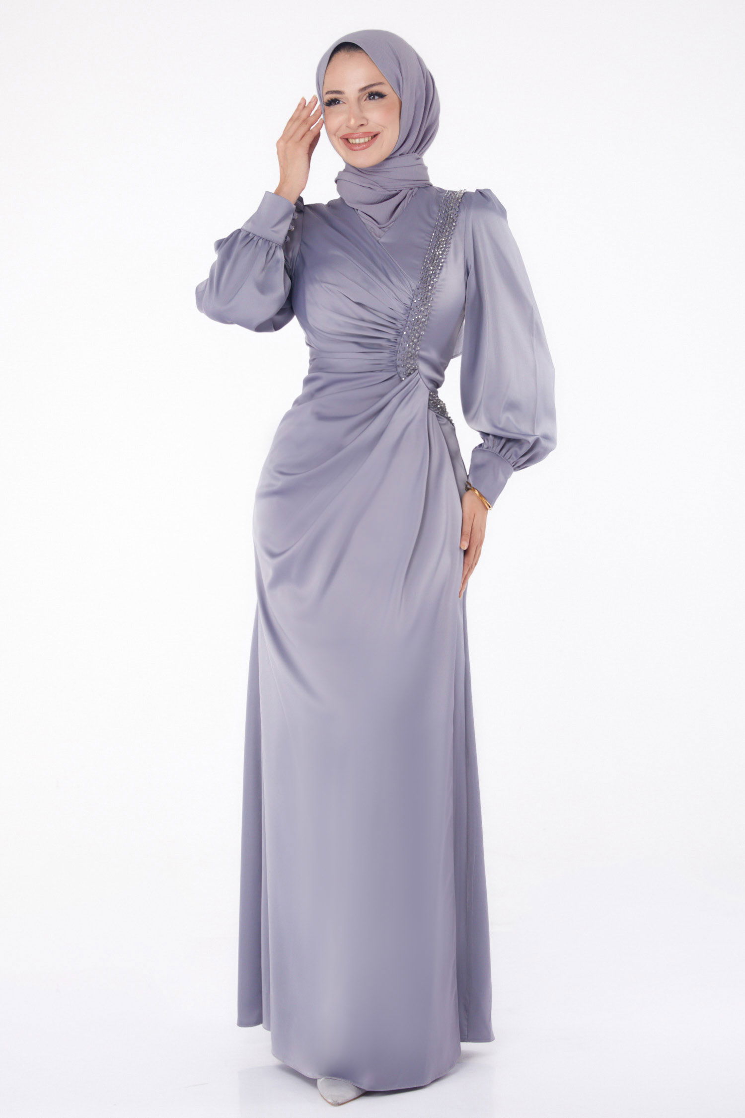 Taşlı Abiye Elbise Antrasit - 26195 - 1