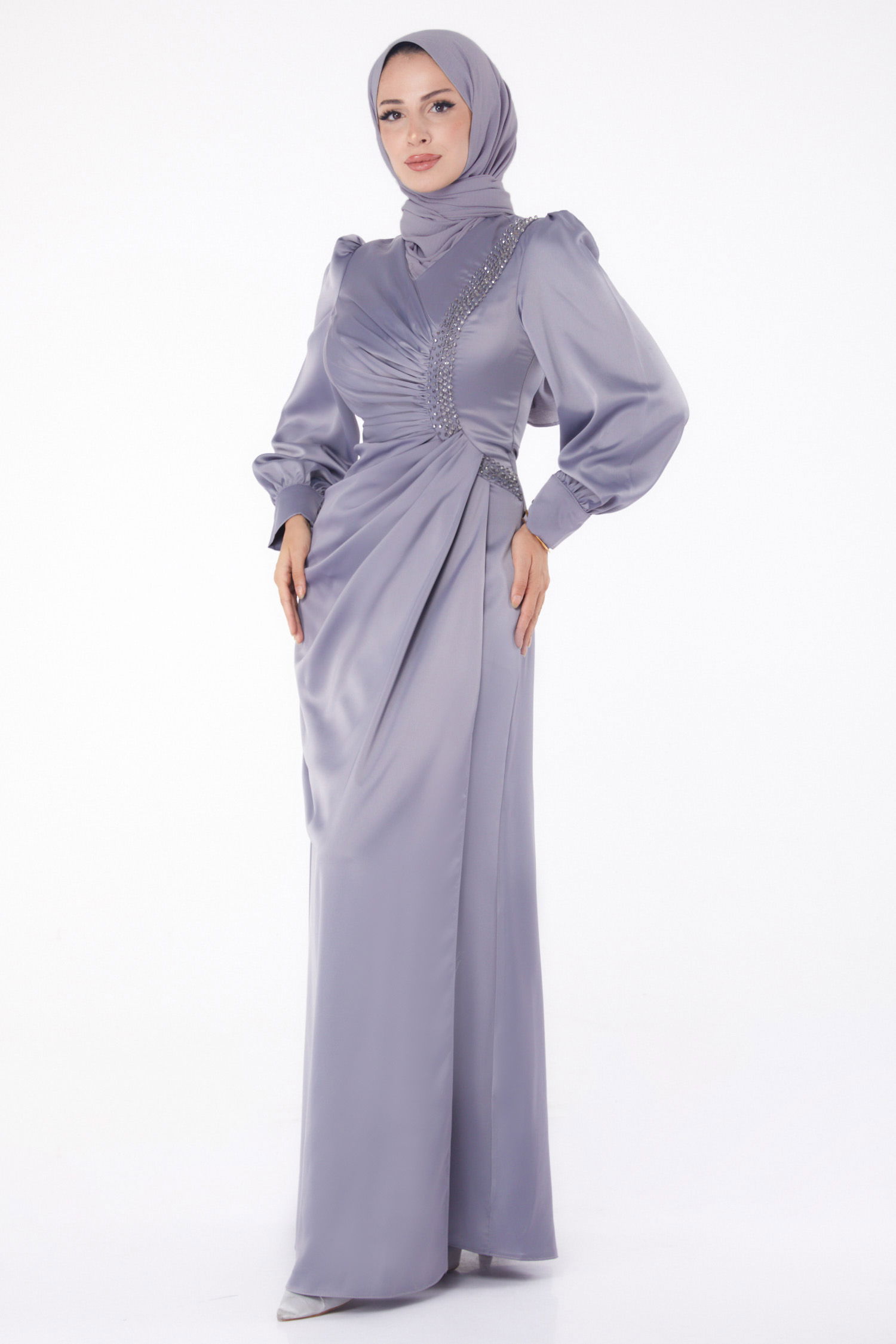 Taşlı Abiye Elbise Antrasit - 26195 - 2