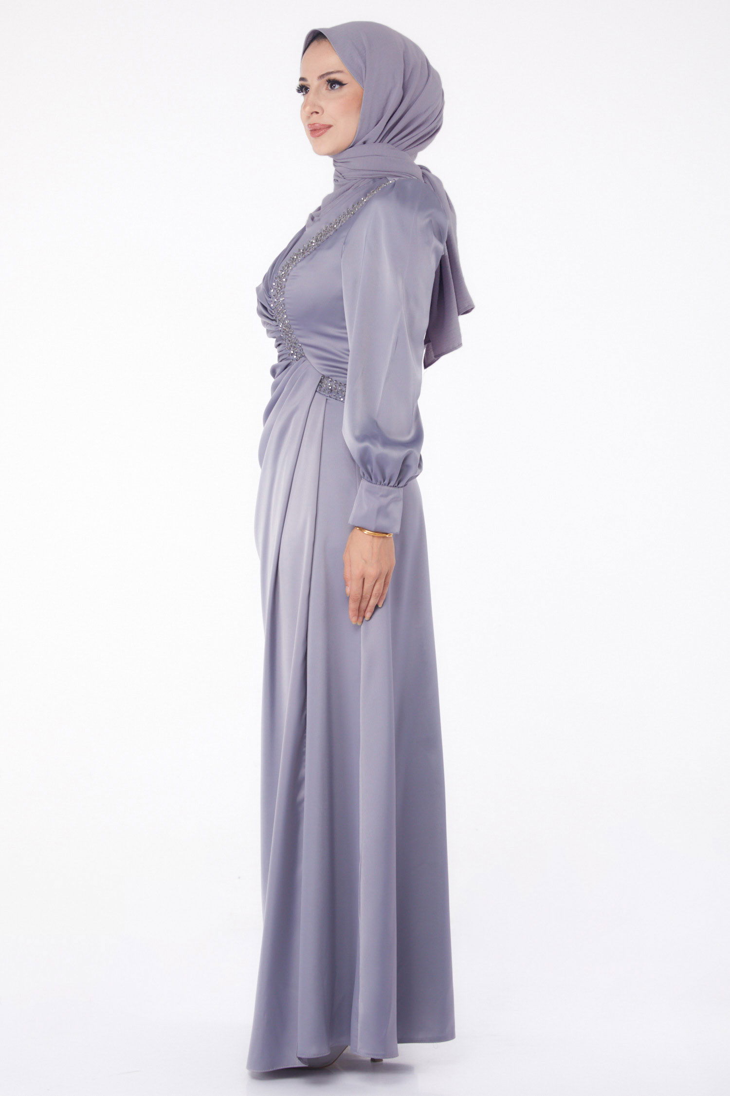 Taşlı Abiye Elbise Antrasit - 26195 - 4