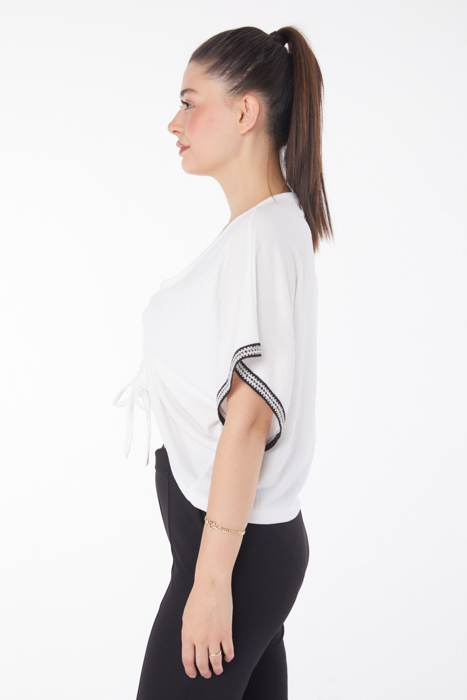 V Yaka Büzgü Detaylı Bluz Beyaz - 25837 - 3