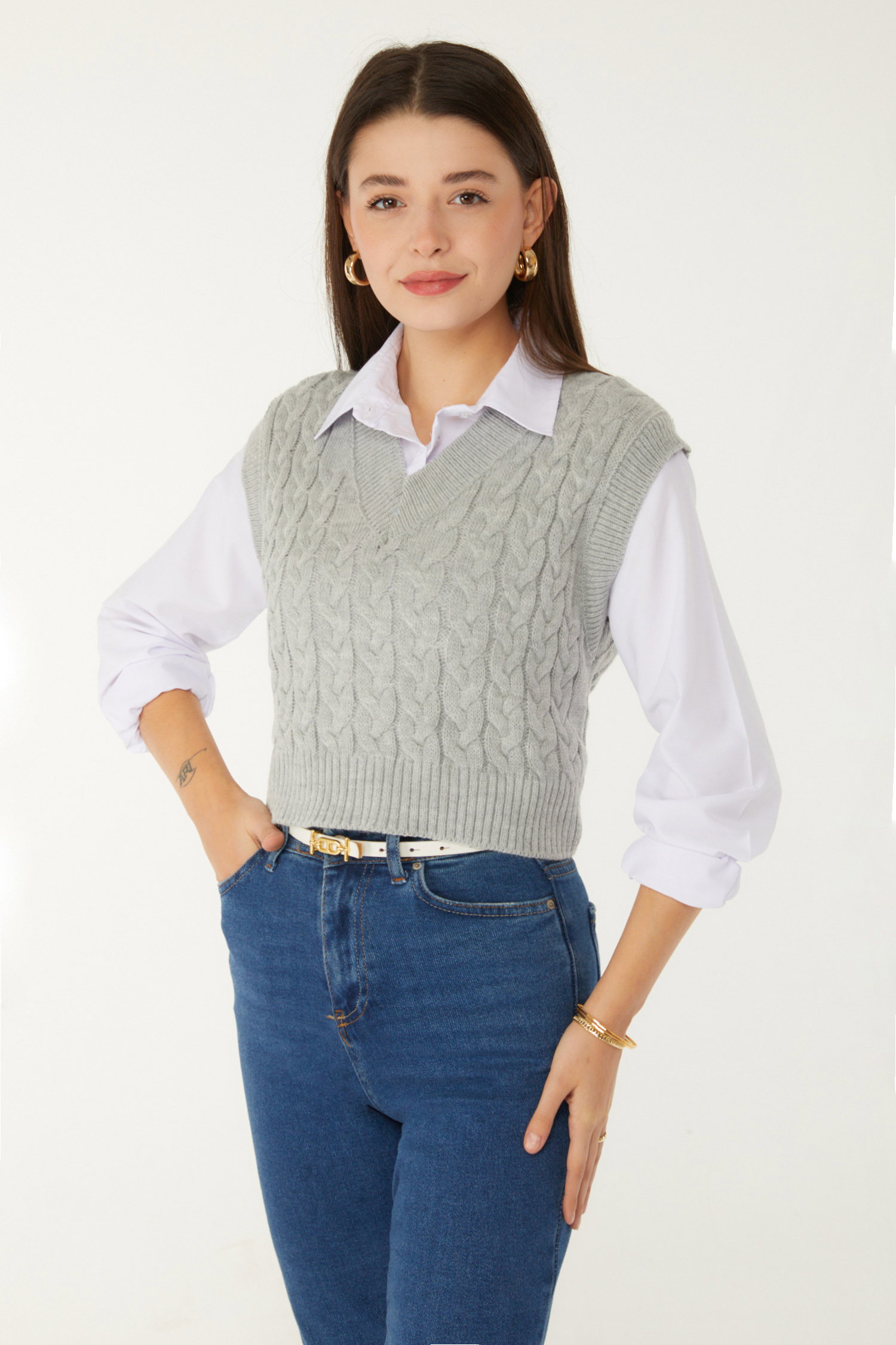 Düz V Yaka Kadın Gri Triko Süveter - 26497 - 3