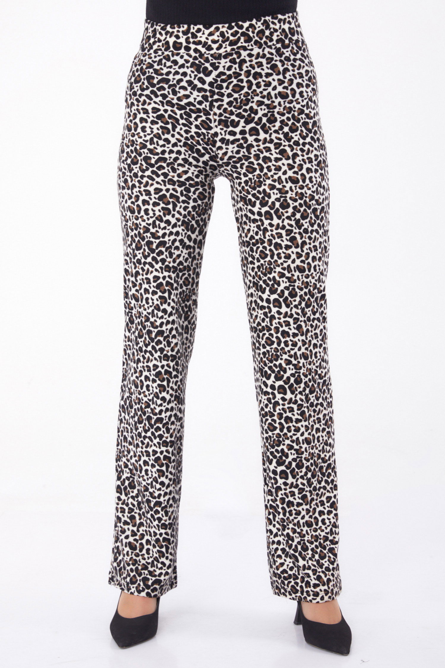 Düz V Yaka Kadın Kahve Leopar Desenli Pantolon - 26211 - 3