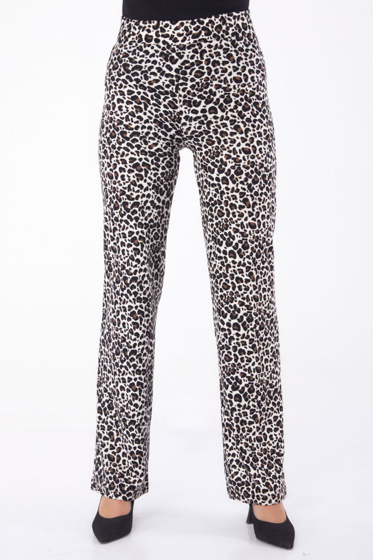 Düz V Yaka Kadın Kahve Leopar Desenli Pantolon - 26211 - TOFİSA