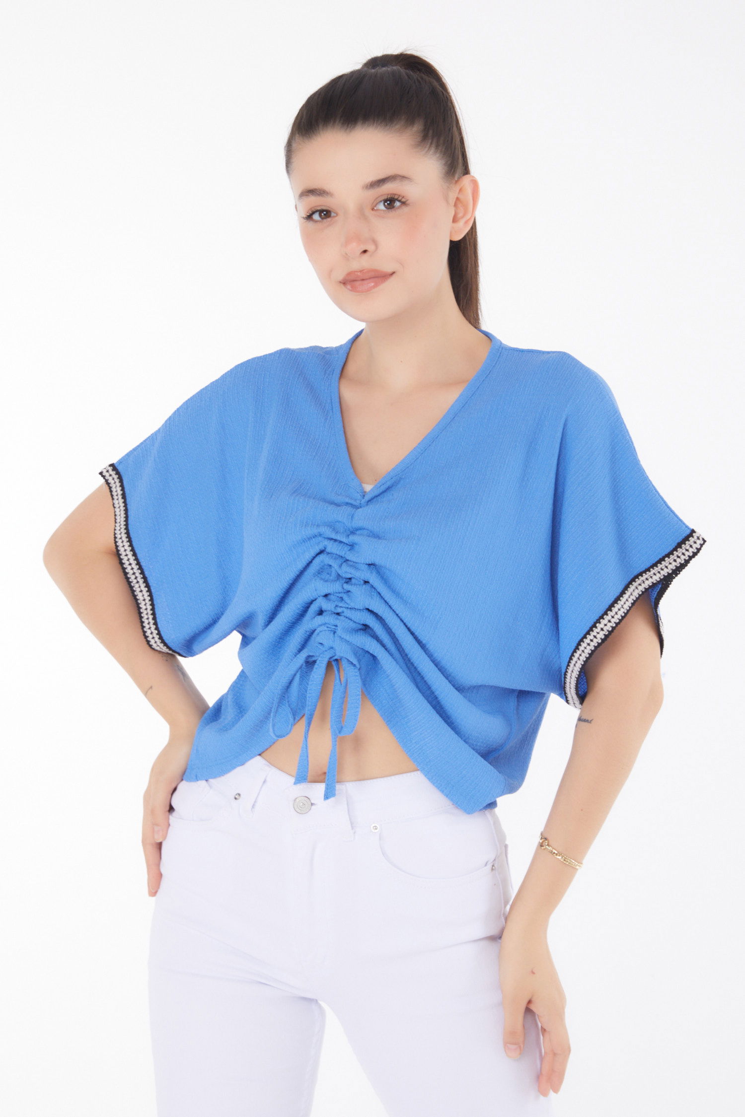 V Yaka Büzgü Detaylı Bluz Mavi - 25837 - 1