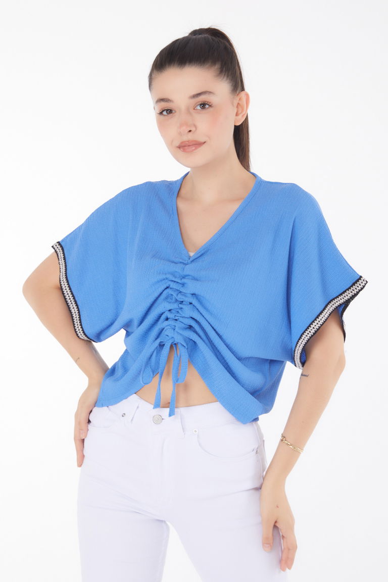 V Yaka Büzgü Detaylı Bluz Mavi - 25837 - TOFİSA