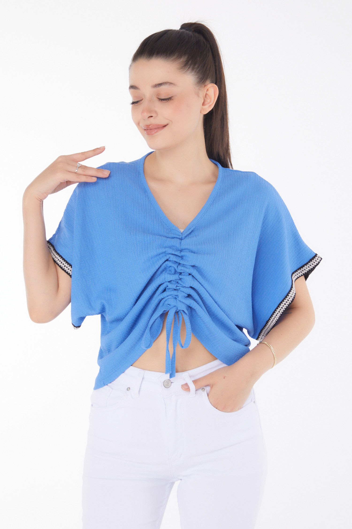 V Yaka Büzgü Detaylı Bluz Mavi - 25837 - 2