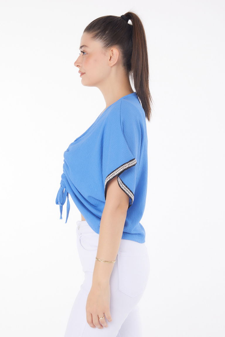 V Yaka Büzgü Detaylı Bluz Mavi - 25837 - TOFİSA