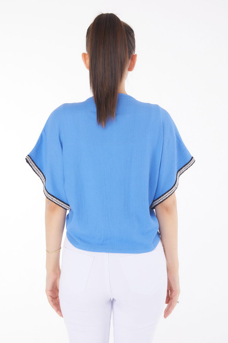 V Yaka Büzgü Detaylı Bluz Mavi - 25837 - TOFİSA