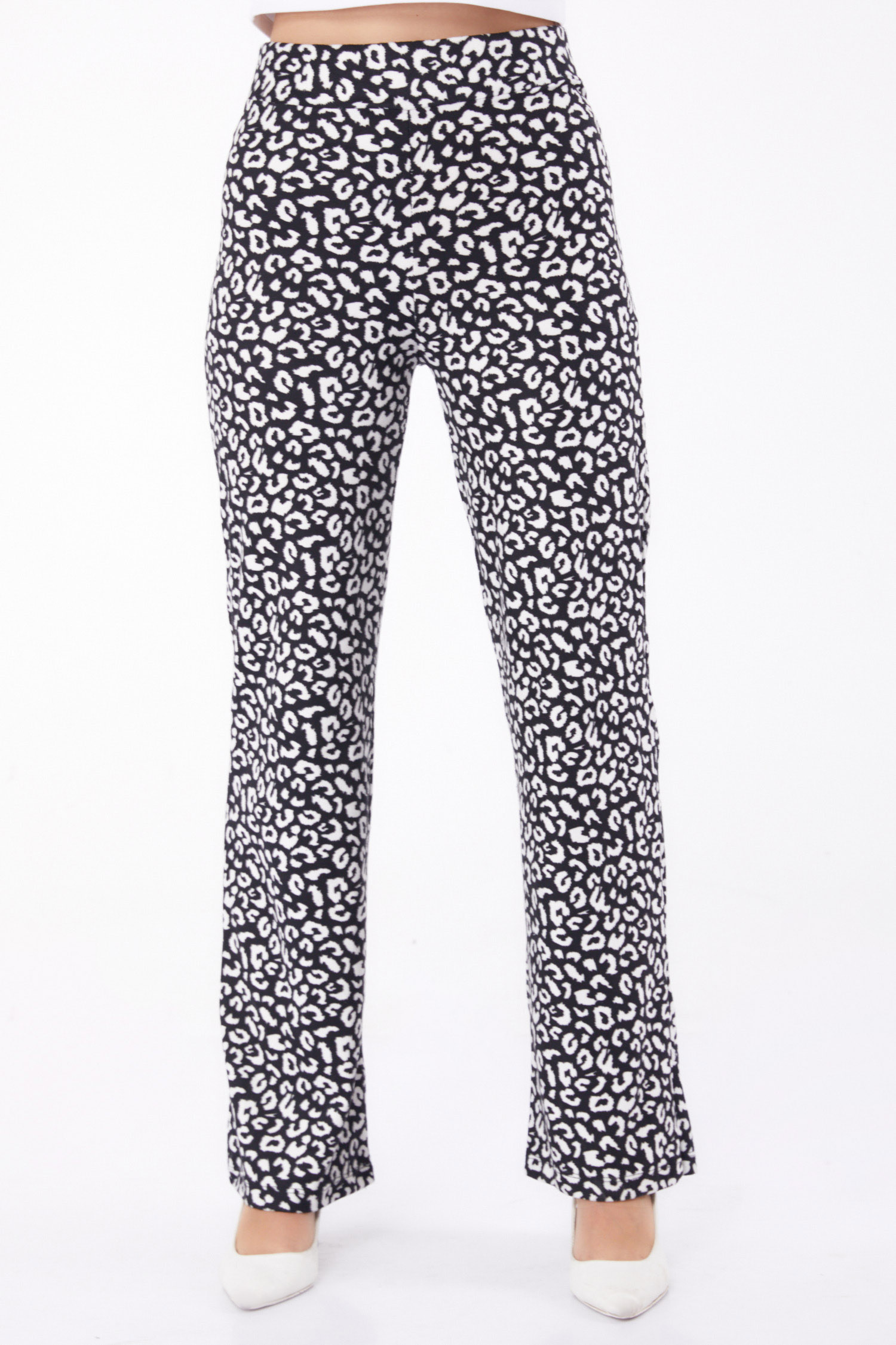 Düz V Yaka Kadın Siyah Leopar Desenli Pantolon - 26211 - 3