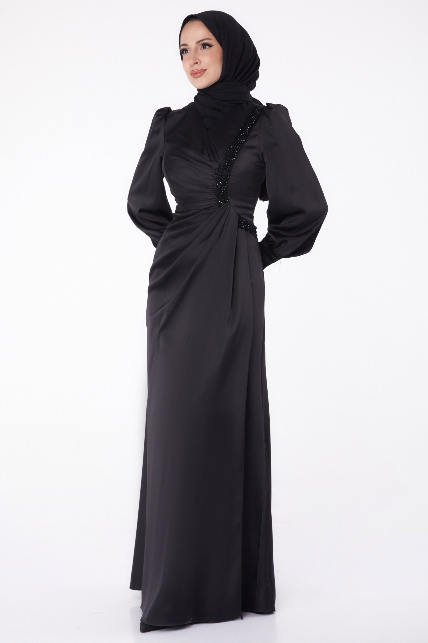 Taşlı Abiye Elbise Siyah - 26195 - 2