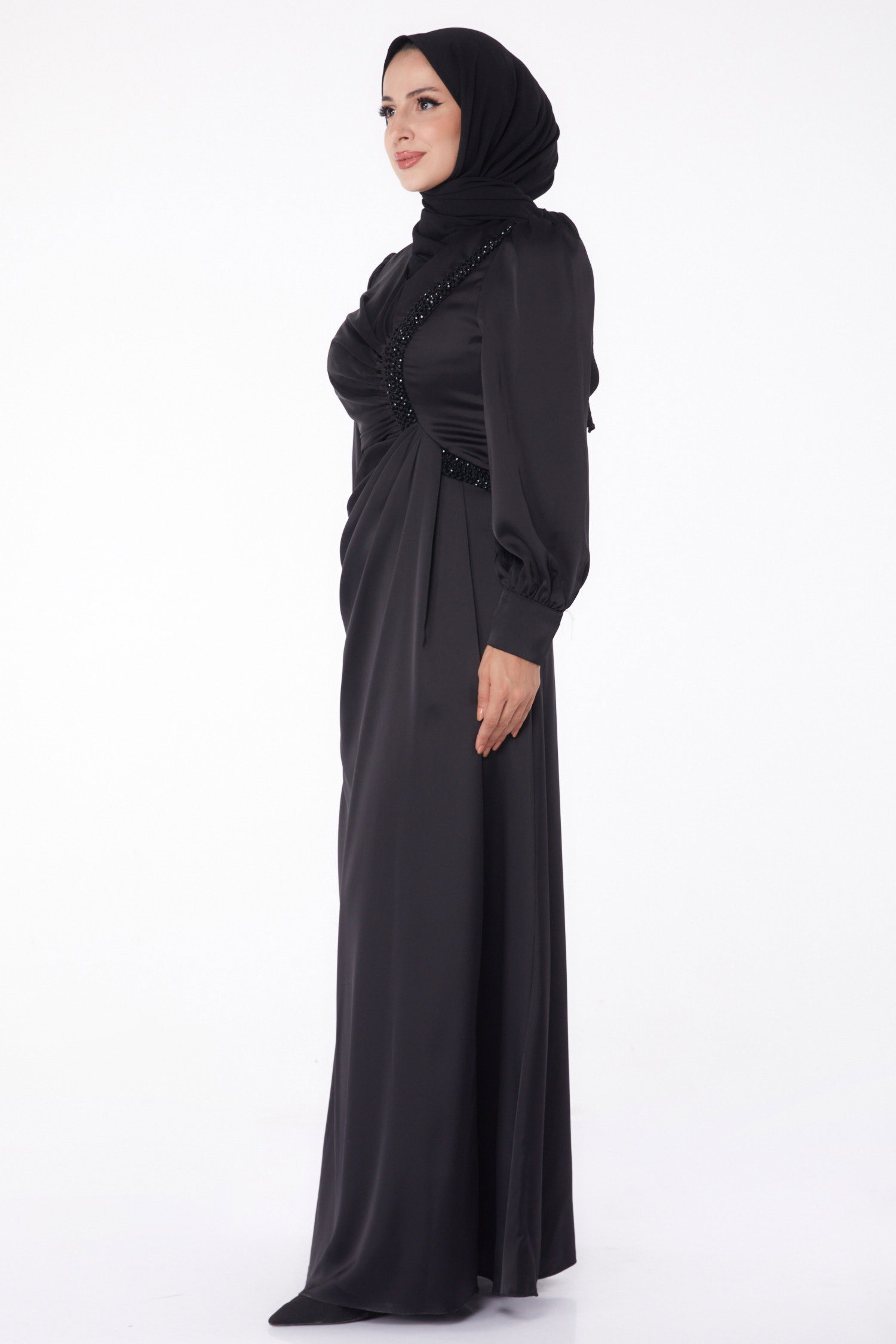 Taşlı Abiye Elbise Siyah - 26195 - 4
