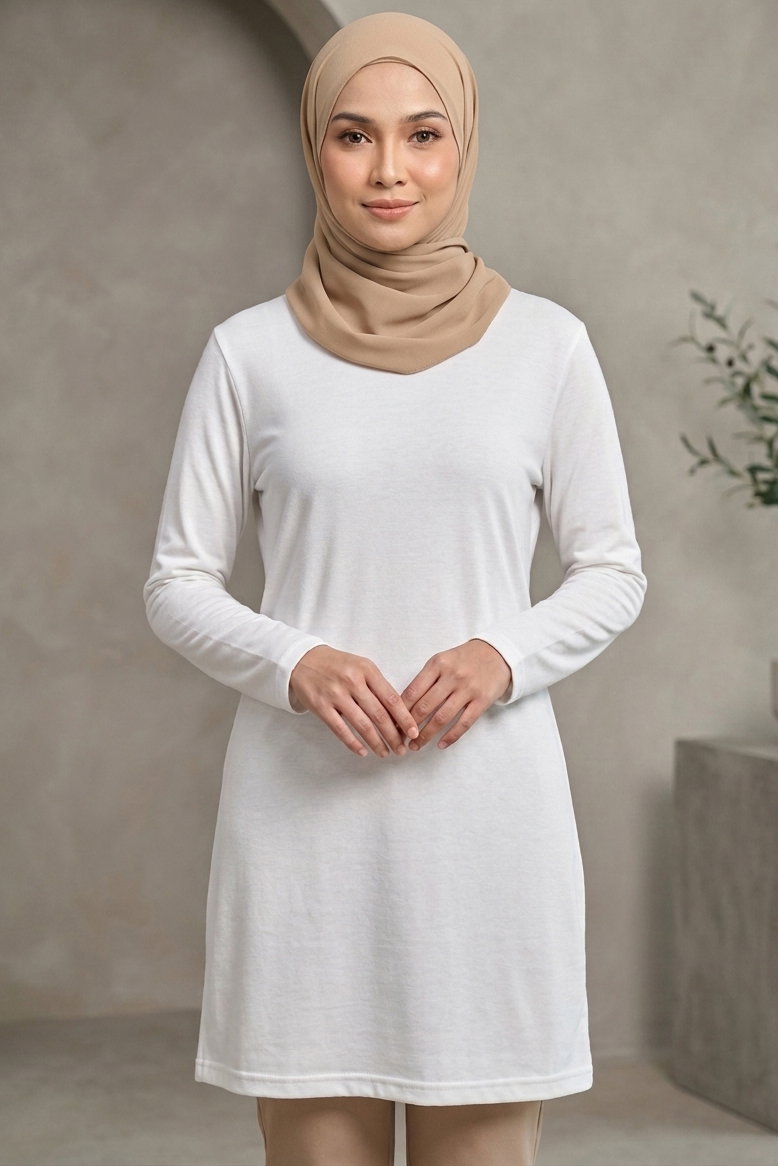 Düz Viskon Uzun Kollu Tunik Beyaz - 2109-BEYAZ - 1