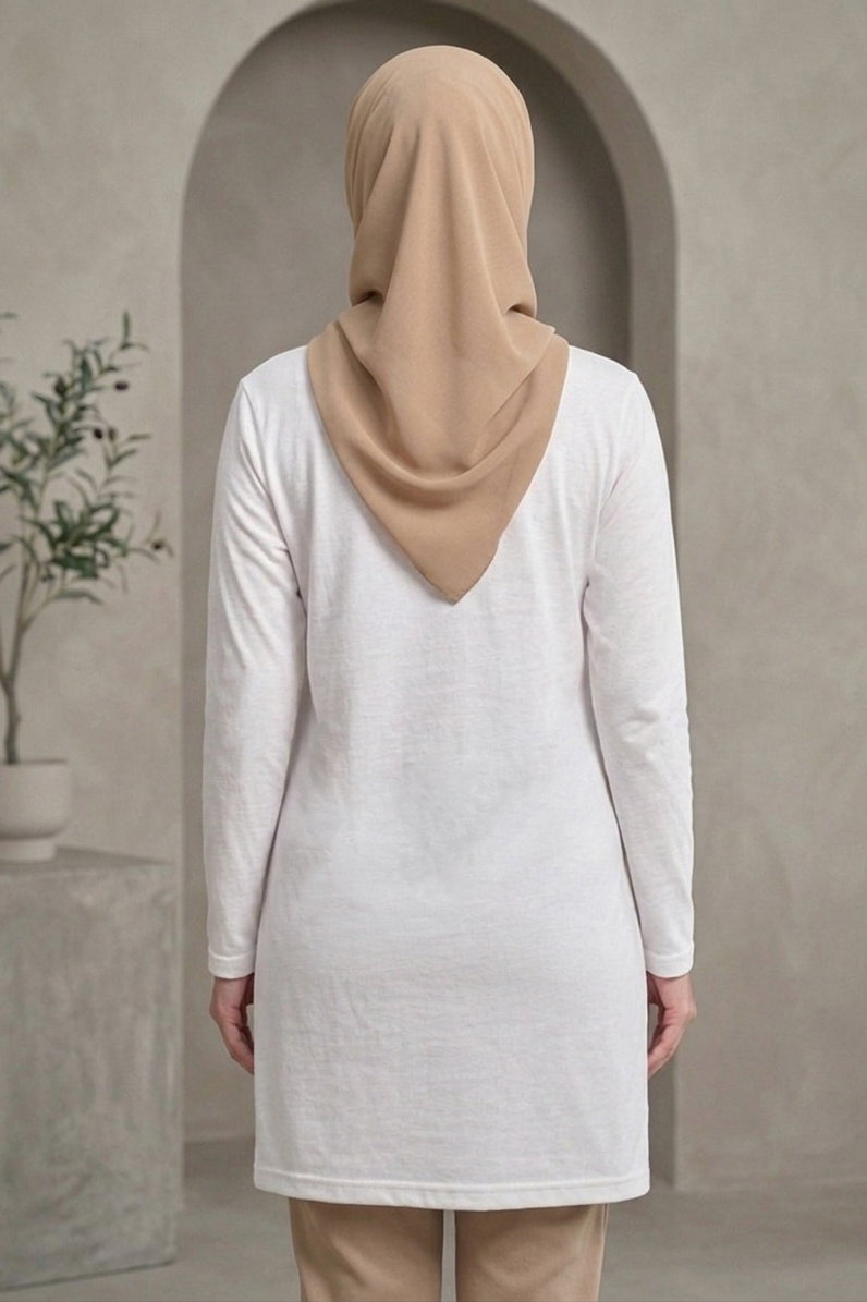 Düz Viskon Uzun Kollu Tunik Beyaz - 2109-BEYAZ - 3