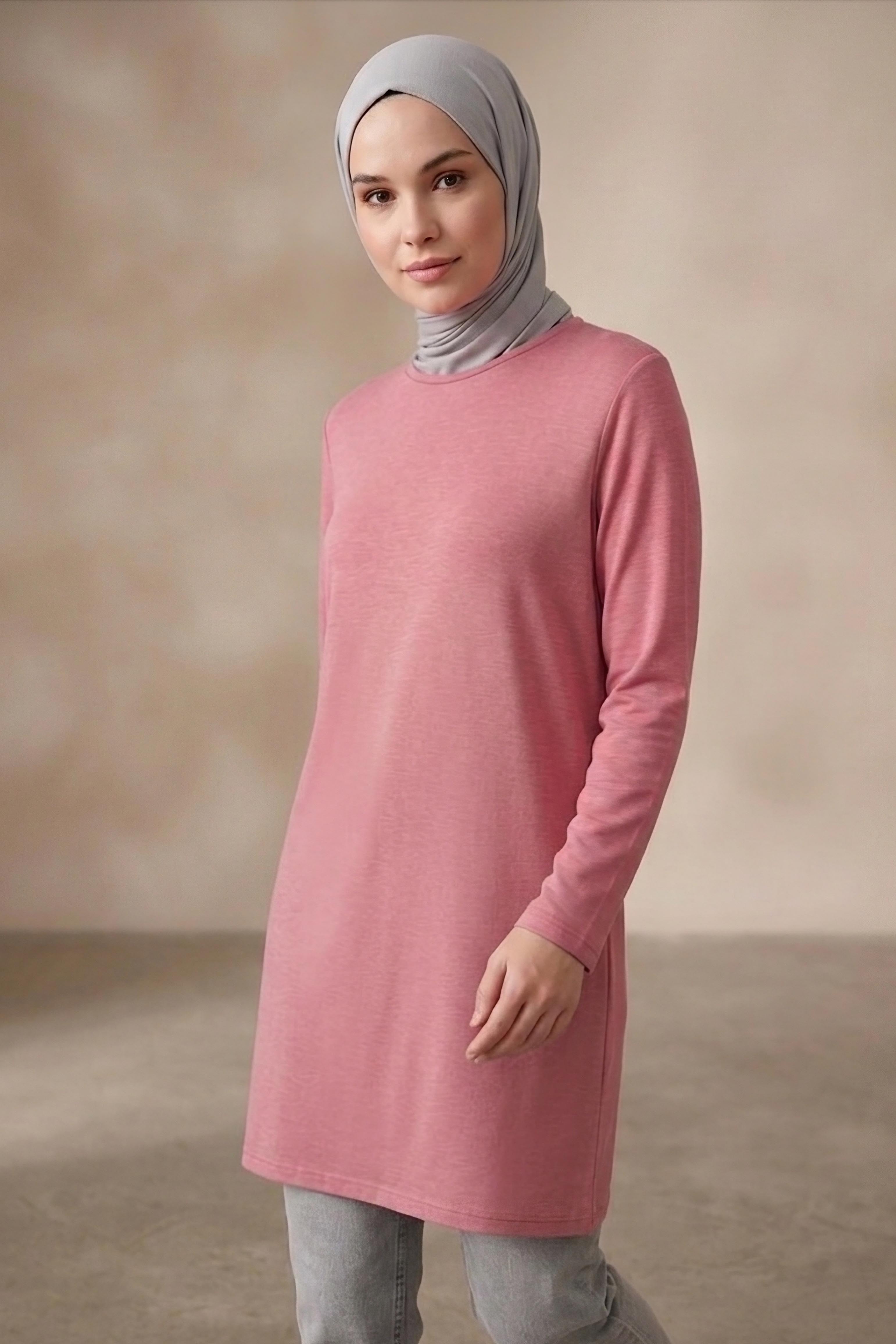 Düz Viskon Uzun Kollu Tunik Pembe - 2109-PEMBE - 1
