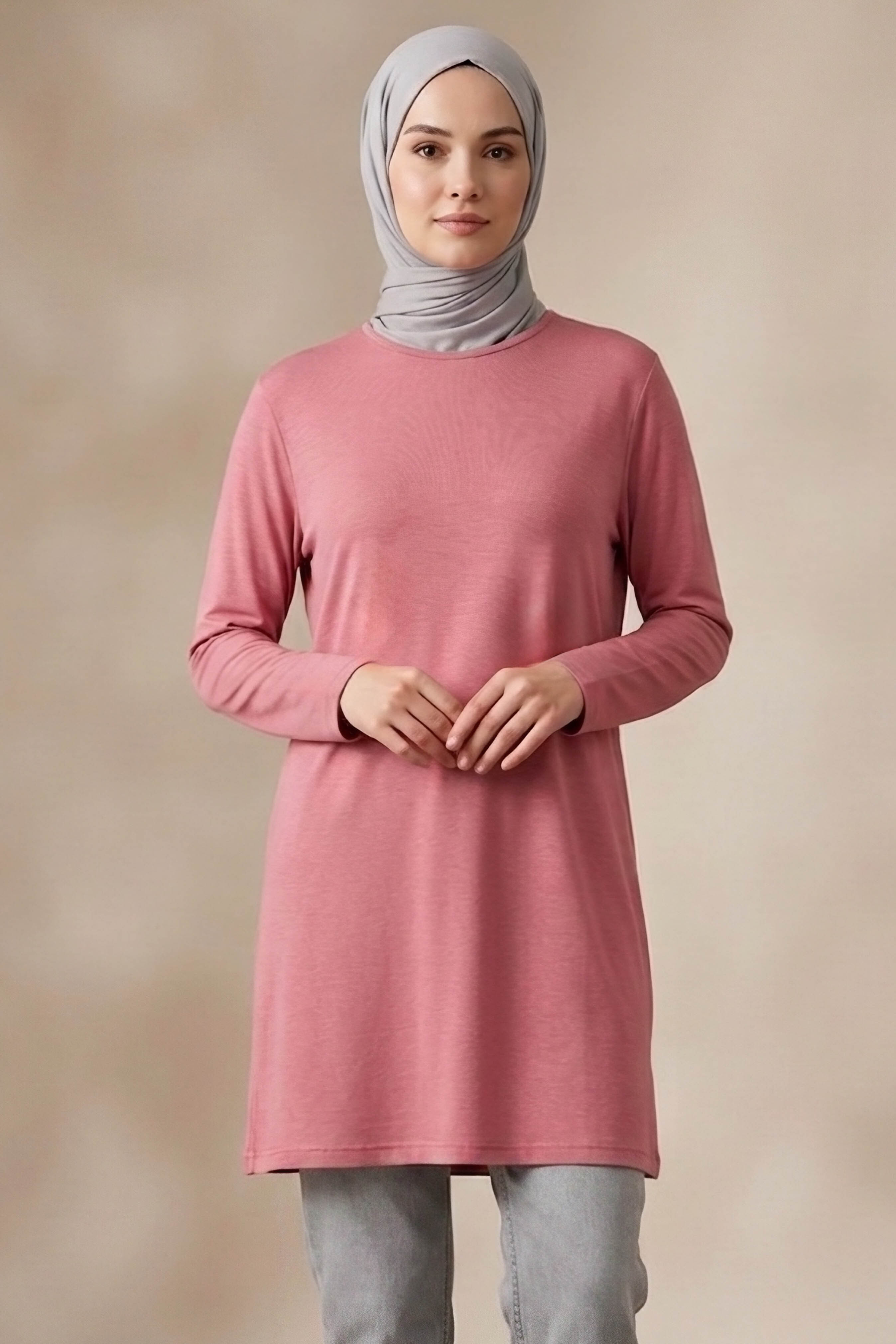 Düz Viskon Uzun Kollu Tunik Pembe - 2109-PEMBE - 2