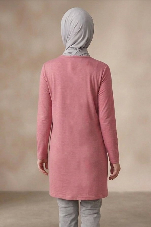 Düz Viskon Uzun Kollu Tunik Pembe - 2109-PEMBE - 3