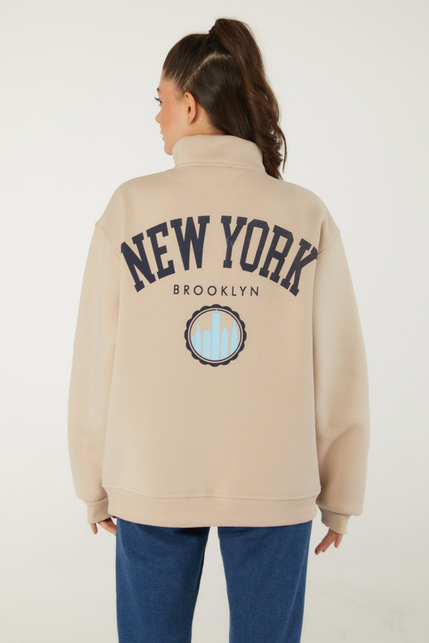 Düz Yarım Balıkçı Yaka Kadın Bej Baskılı Sweatshirt - 26518 - 5