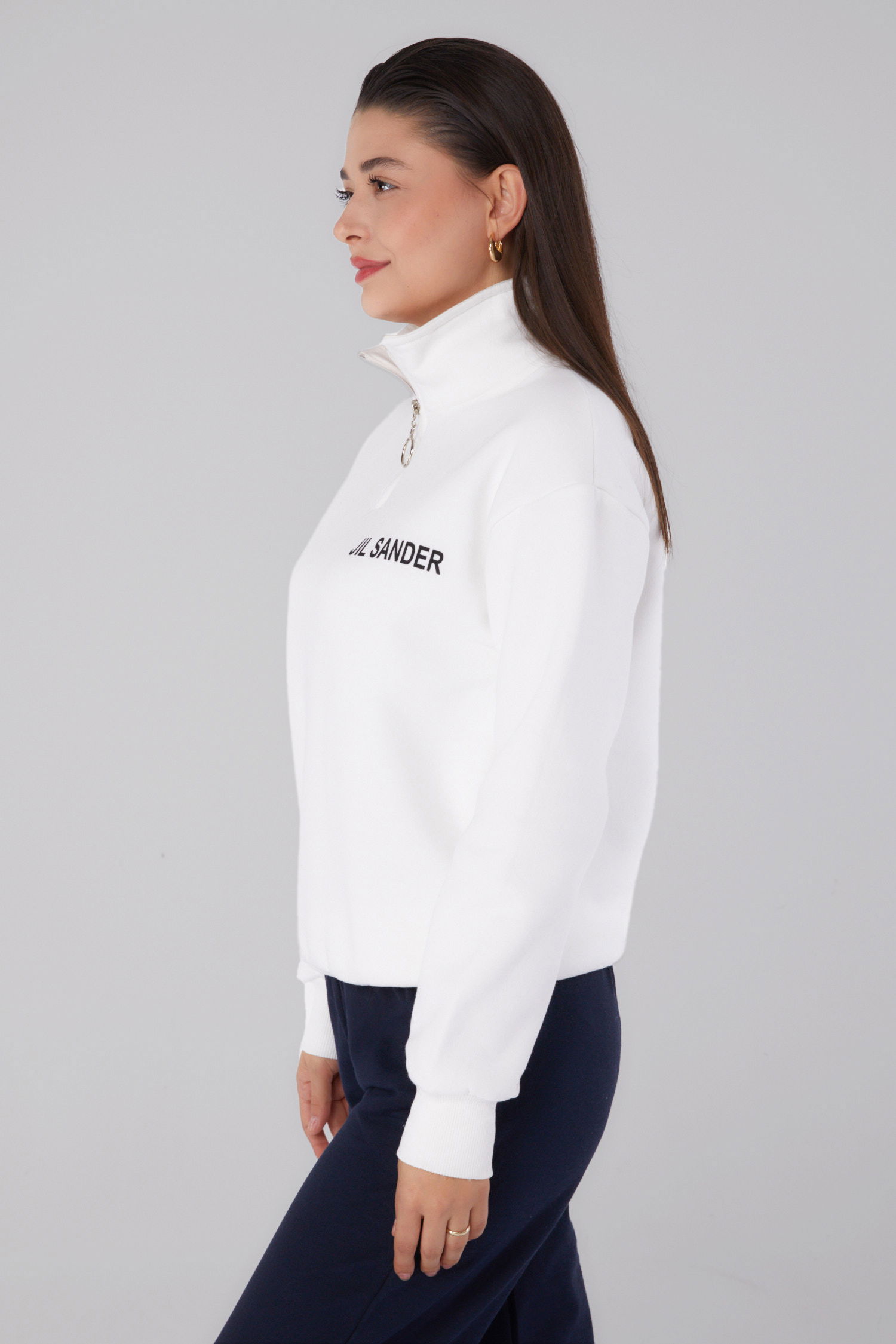 Düz Yarım Balıkçı Yaka Kadın Beyaz Fermuarlı Sweatshirt - 26368 - 3