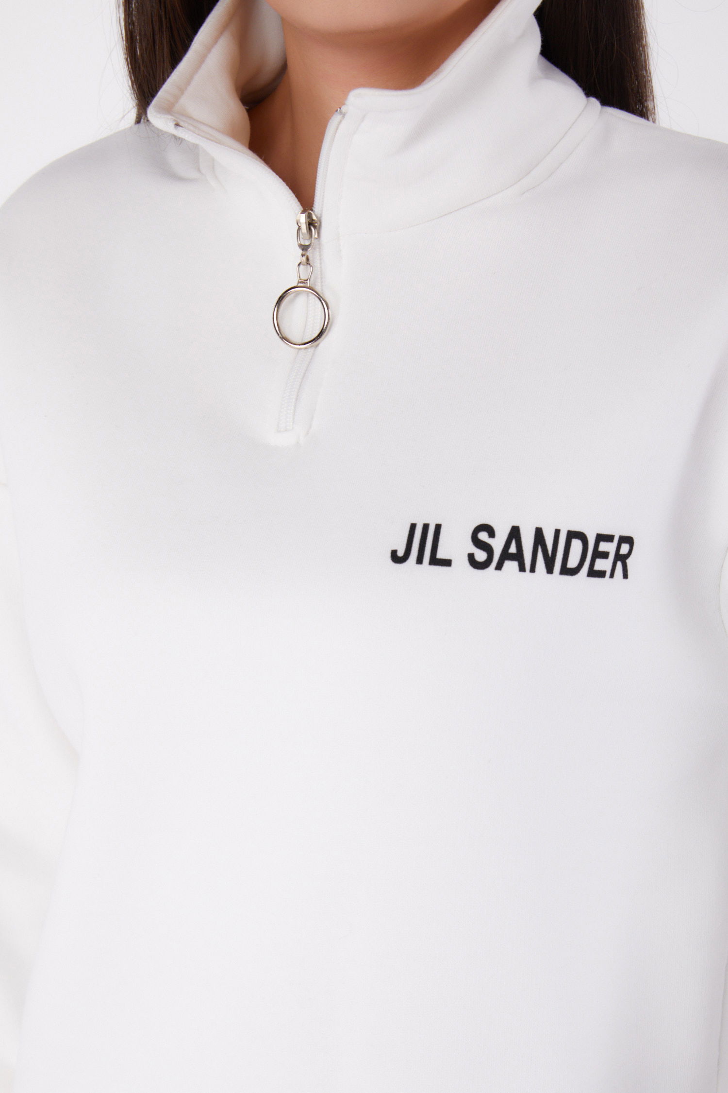 Düz Yarım Balıkçı Yaka Kadın Beyaz Fermuarlı Sweatshirt - 26368 - 5