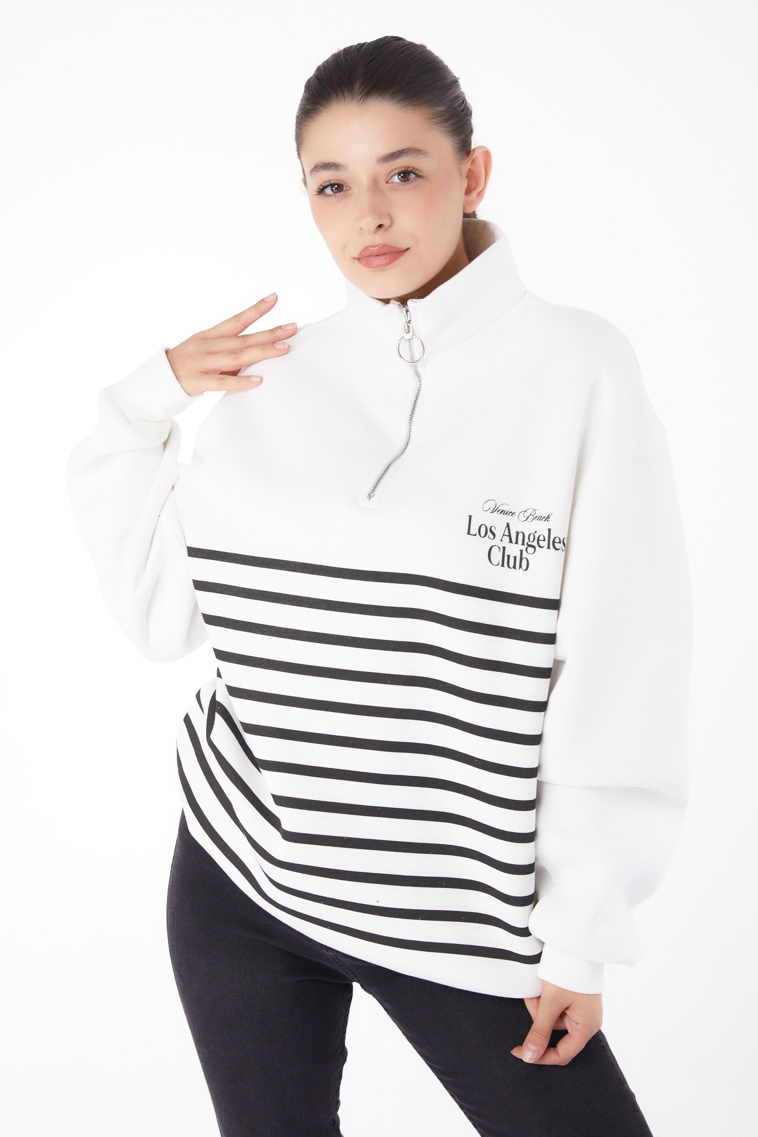 Düz Yarım Balıkçı Yaka Kadın Beyaz Şeritli Sweatshirt - 26185 - 3
