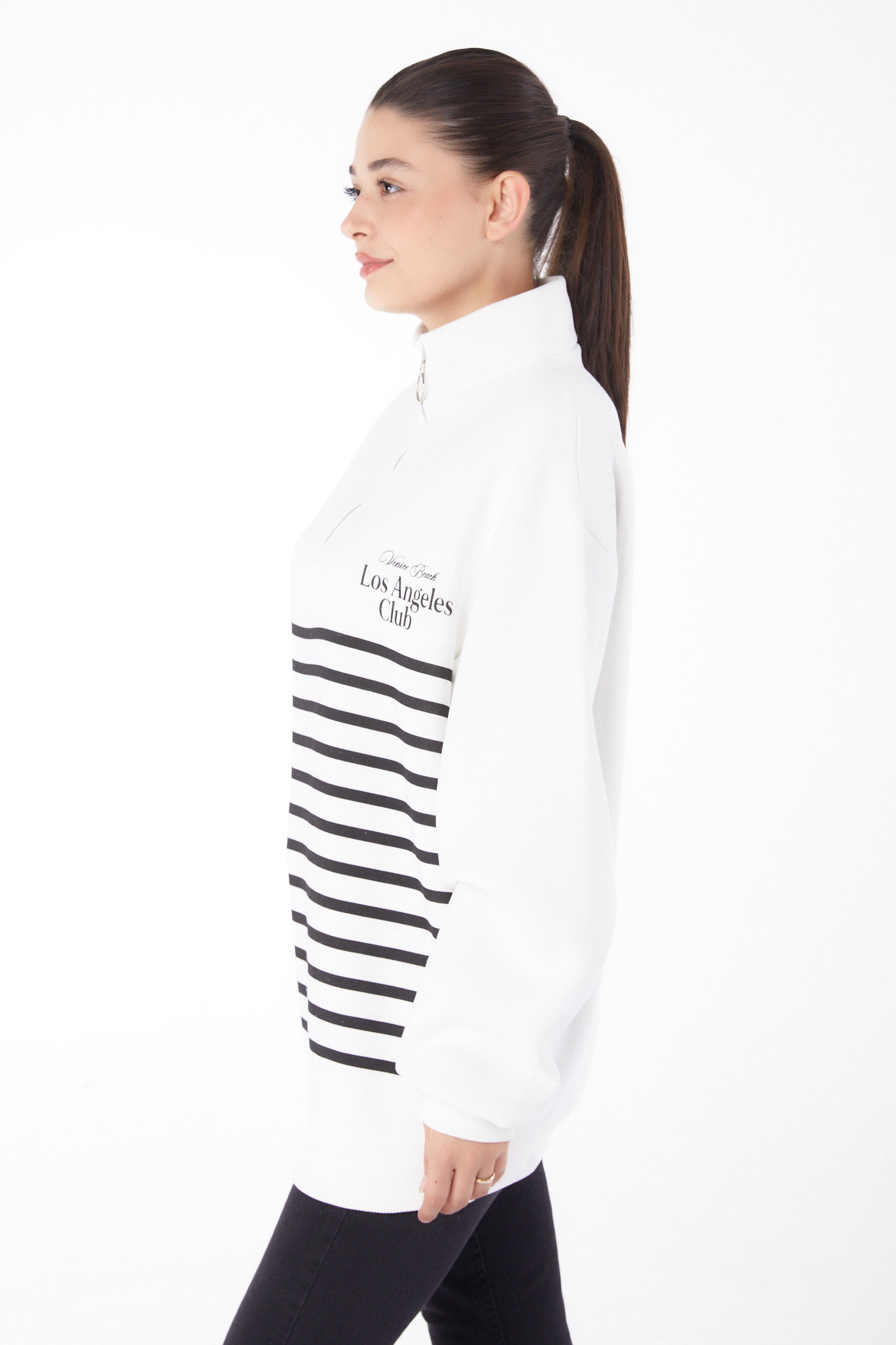 Düz Yarım Balıkçı Yaka Kadın Beyaz Şeritli Sweatshirt - 26185 - 4