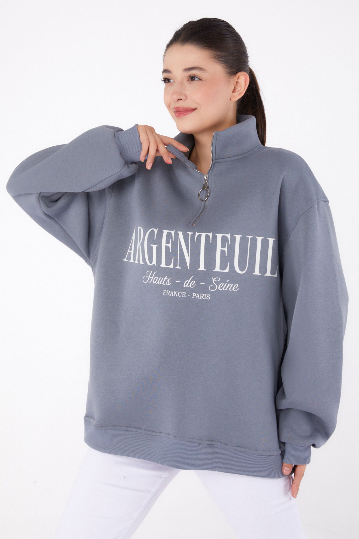Düz Yarım Balıkçı Yaka Kadın Füme Fermuarlı Baskılı Sweatshirt - 26384 - 1