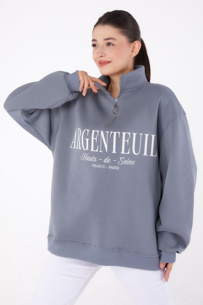 Düz Yarım Balıkçı Yaka Kadın Füme Fermuarlı Baskılı Sweatshirt - 26384 