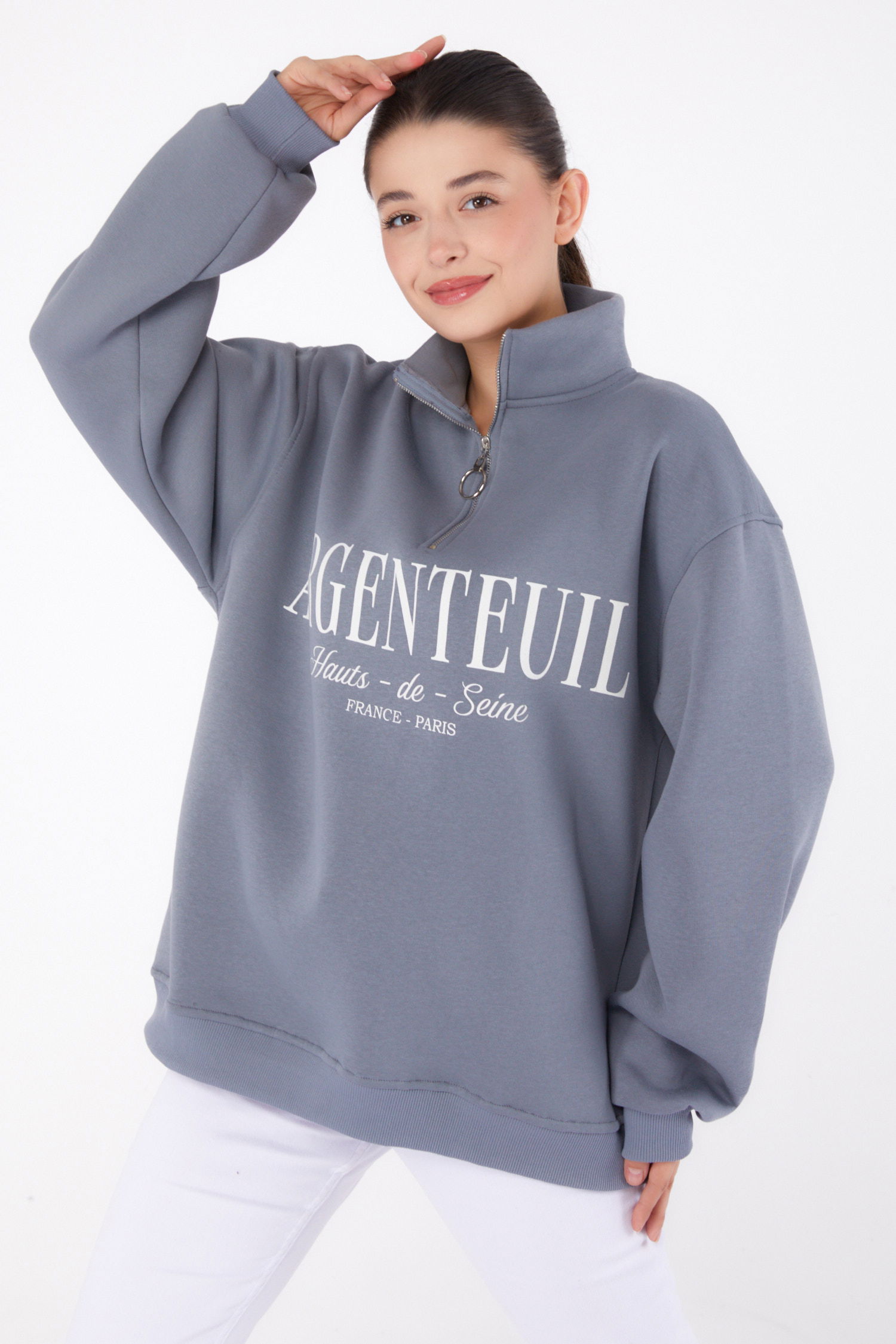 Düz Yarım Balıkçı Yaka Kadın Füme Fermuarlı Baskılı Sweatshirt - 26384 - 2