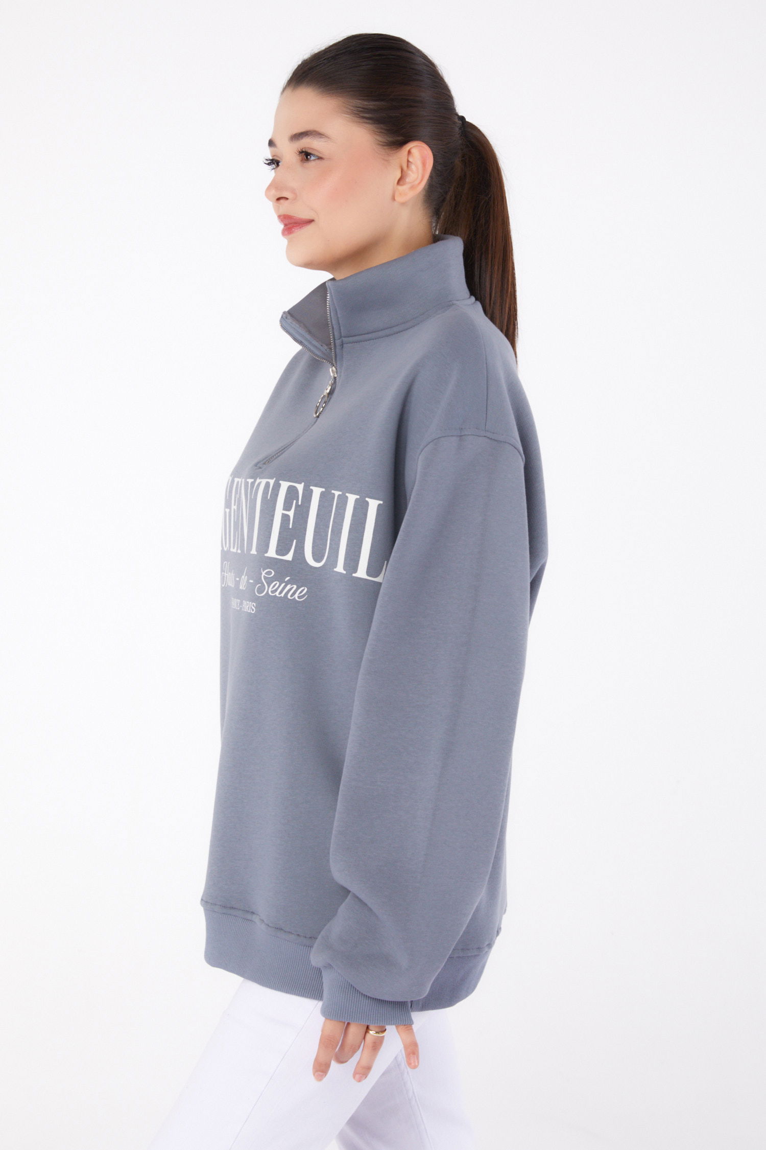 Düz Yarım Balıkçı Yaka Kadın Füme Fermuarlı Baskılı Sweatshirt - 26384 - 3