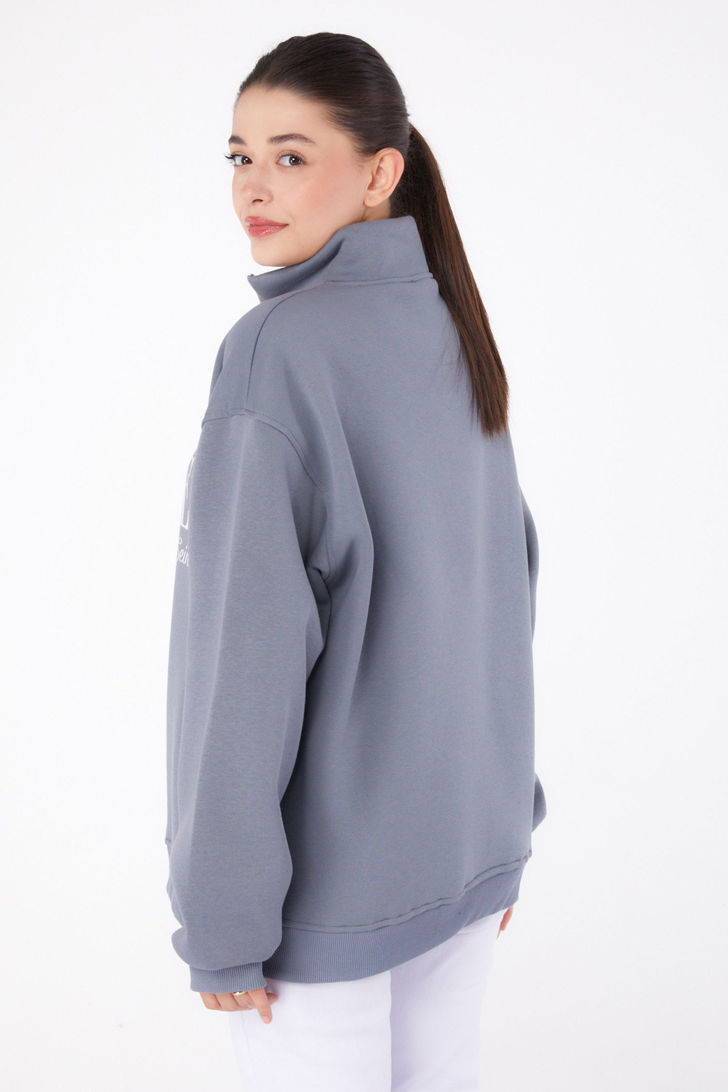 Düz Yarım Balıkçı Yaka Kadın Füme Fermuarlı Baskılı Sweatshirt - 26384 - 4