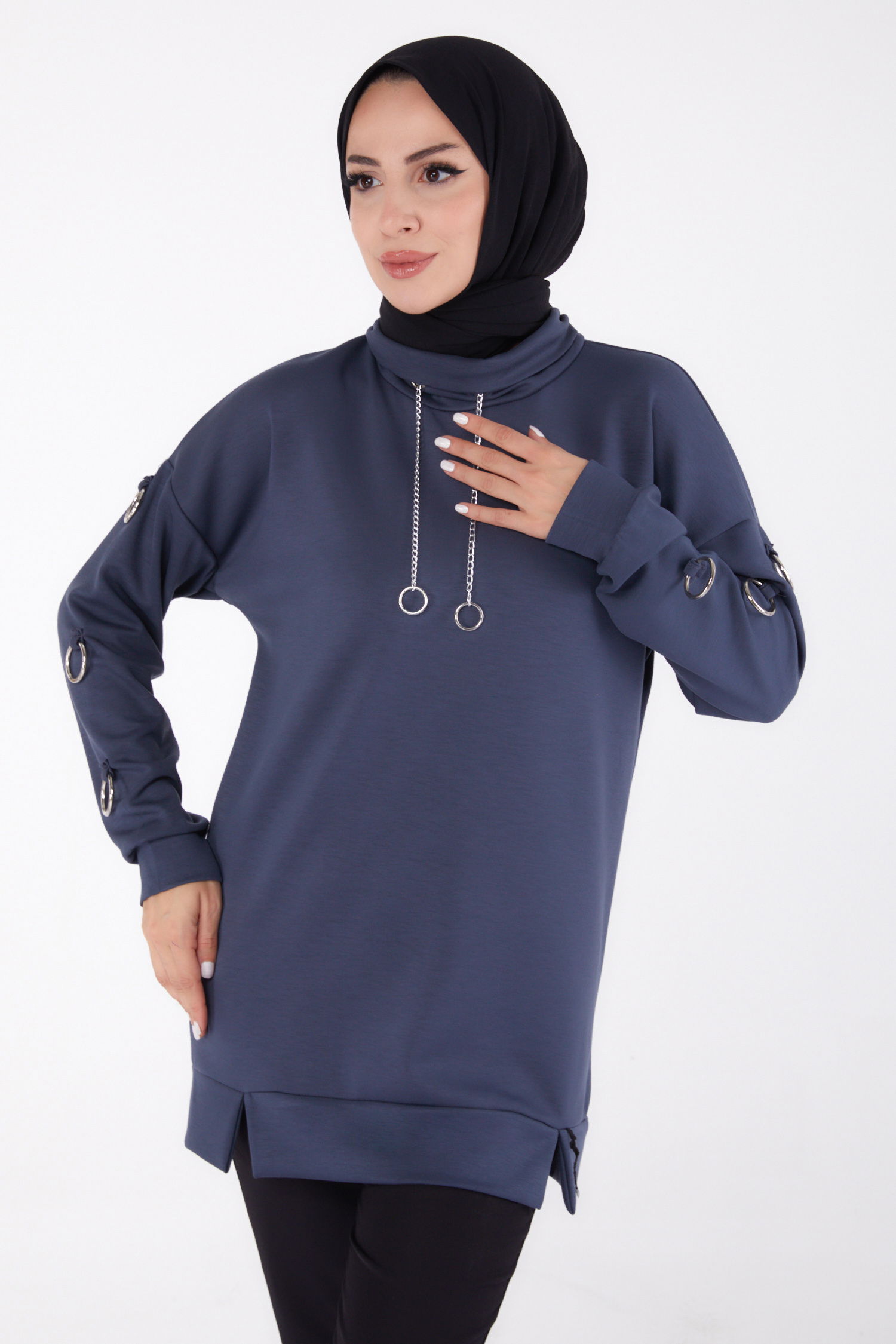 Düz Yarım Balıkçı Yaka Kadın Füme Halka Detaylı Tunik - 26477 - 2