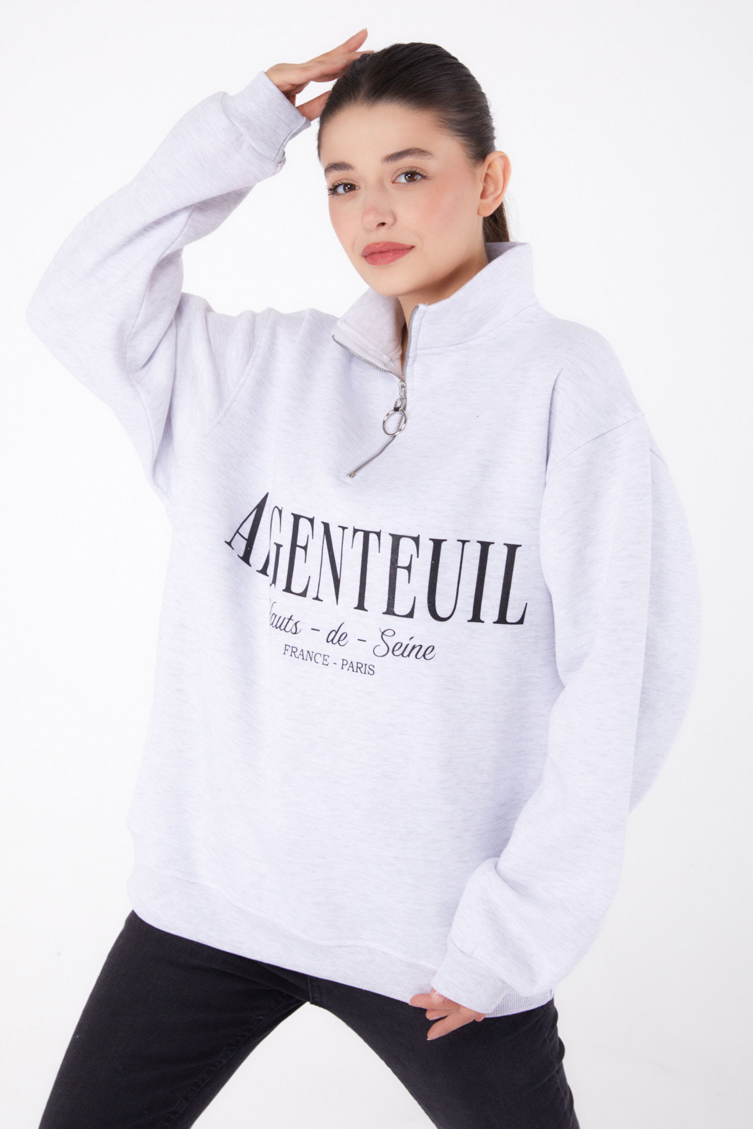 Düz Yarım Balıkçı Yaka Kadın Gri Fermuarlı Baskılı Sweatshirt - 26384 - 1