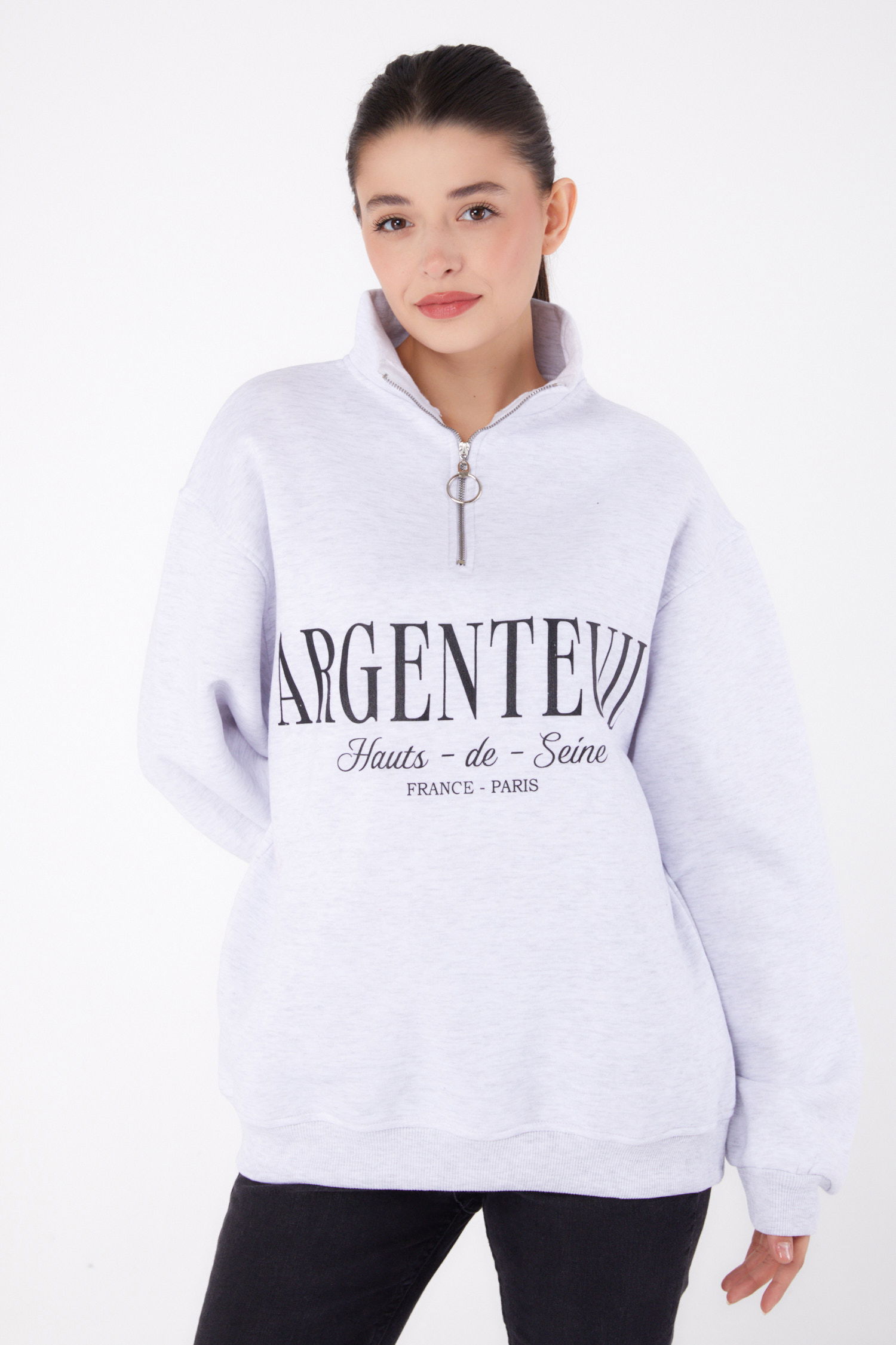 Düz Yarım Balıkçı Yaka Kadın Gri Fermuarlı Baskılı Sweatshirt - 26384 - 2