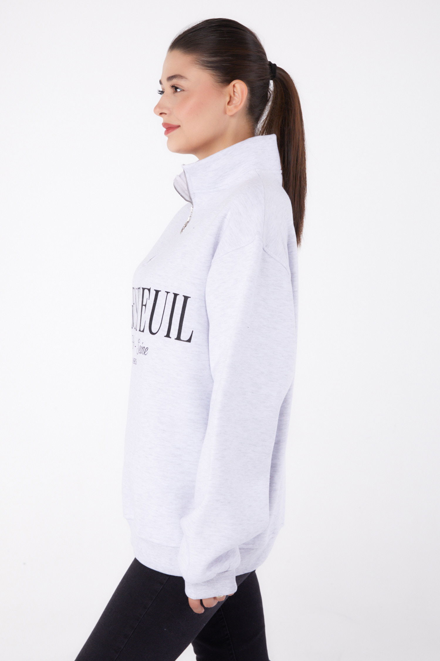 Düz Yarım Balıkçı Yaka Kadın Gri Fermuarlı Baskılı Sweatshirt - 26384 - 3