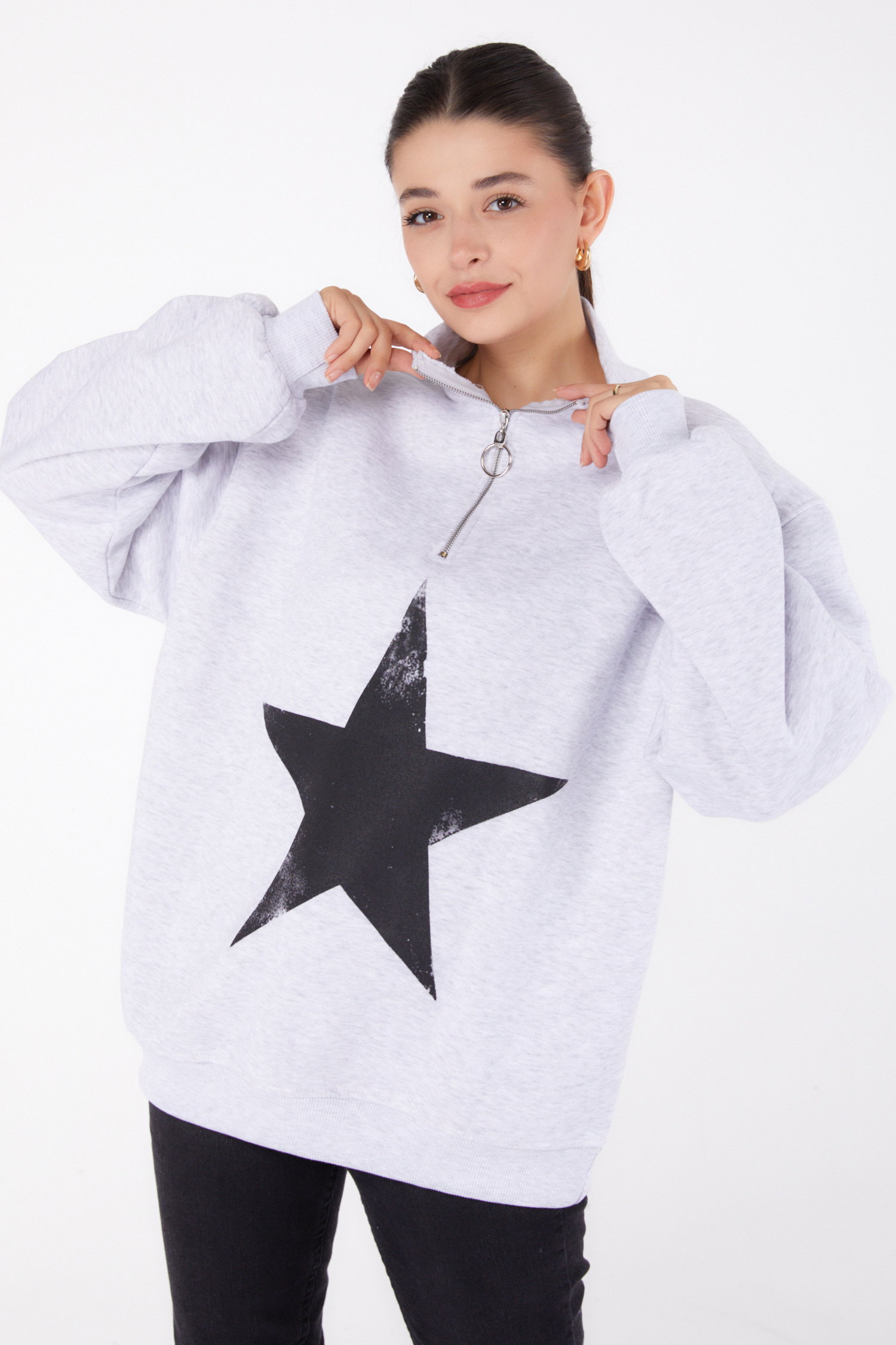 Fermuarlı Baskılı Sweatshirt Gri - 26385 - 2