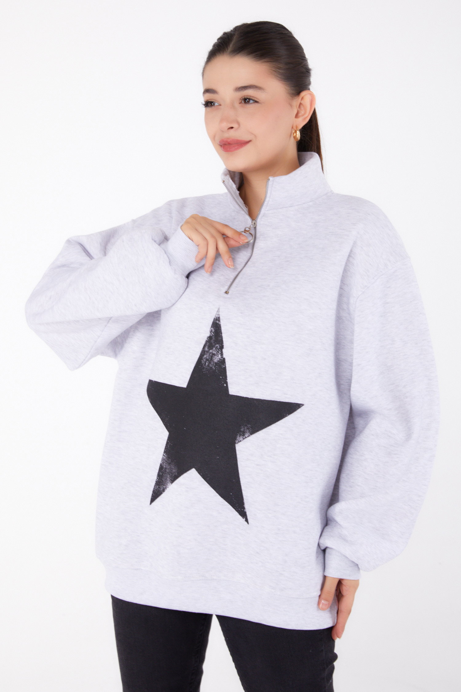 Fermuarlı Baskılı Sweatshirt Gri - 26385 - 3