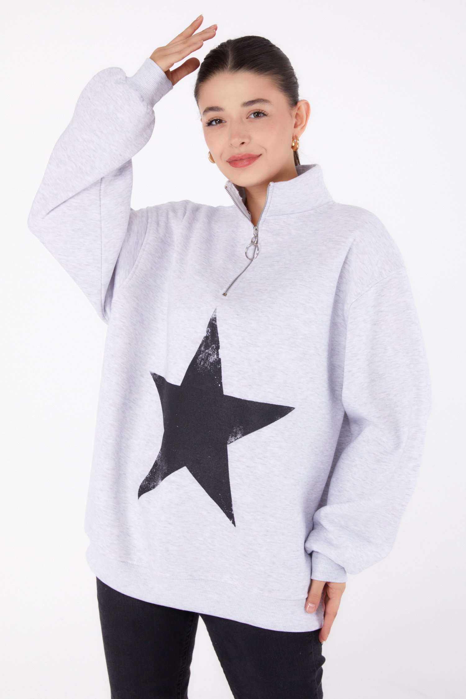 Fermuarlı Baskılı Sweatshirt Gri - 26385 - 4