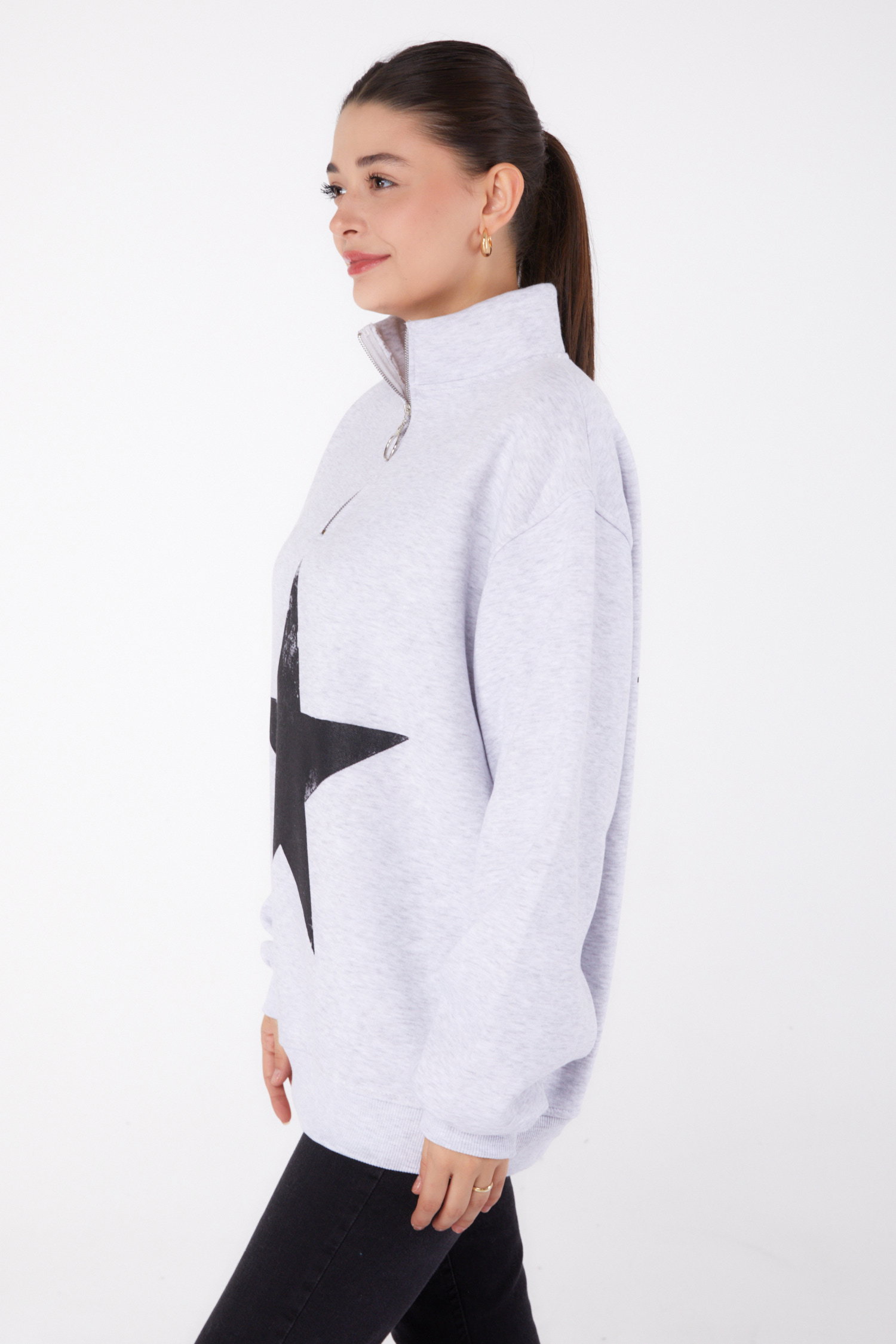 Fermuarlı Baskılı Sweatshirt Gri - 26385 - 5