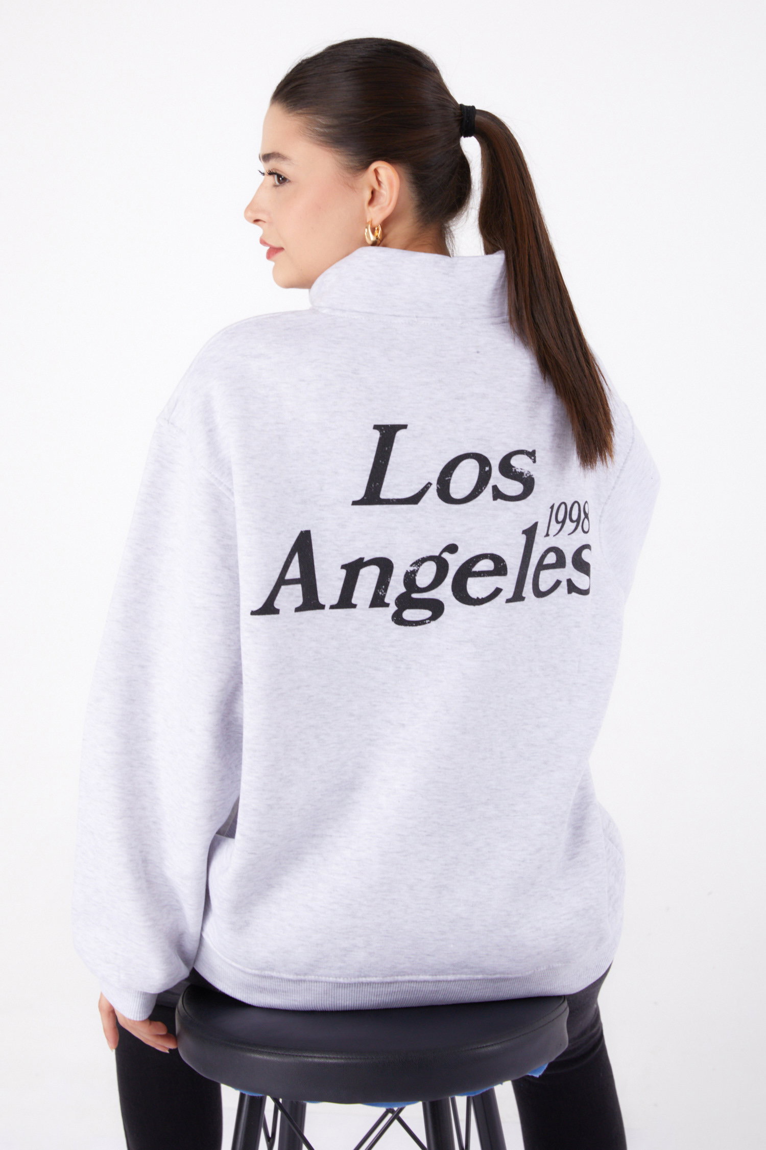 Fermuarlı Baskılı Sweatshirt Gri - 26385 - 6