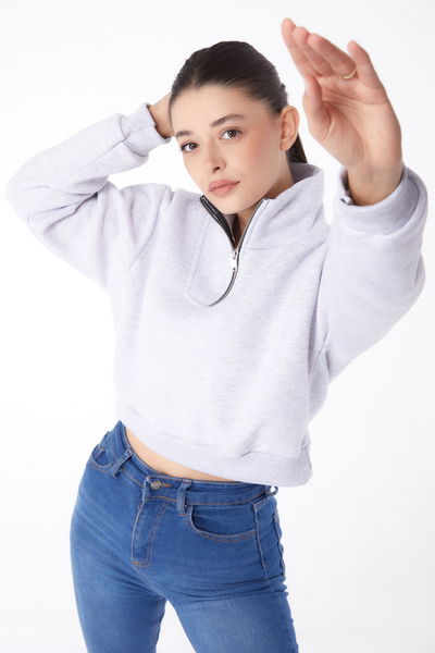 Fermuarlı Mini Sweatshirt Gri - 26051 