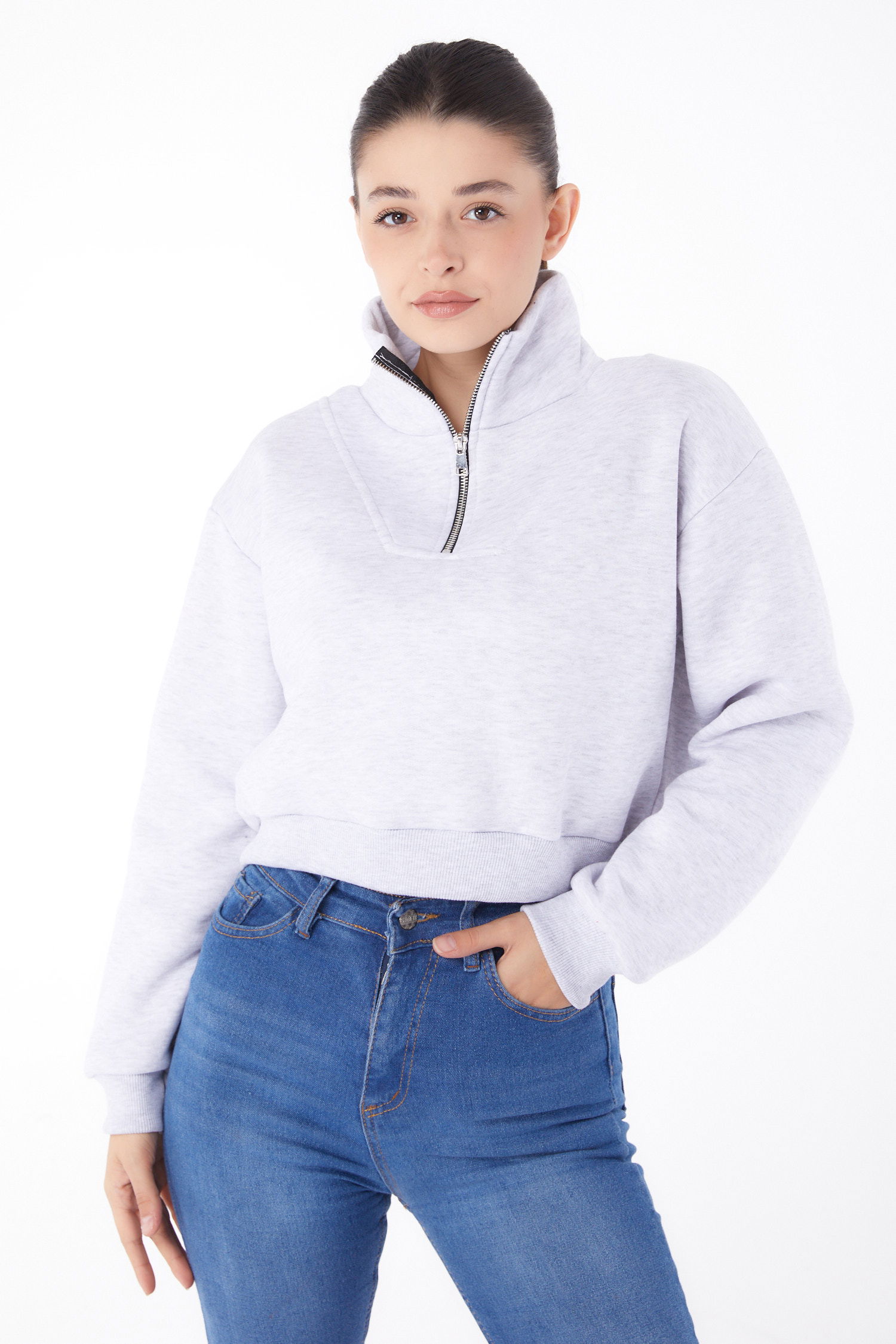 Fermuarlı Mini Sweatshirt Gri - 26051 - 2