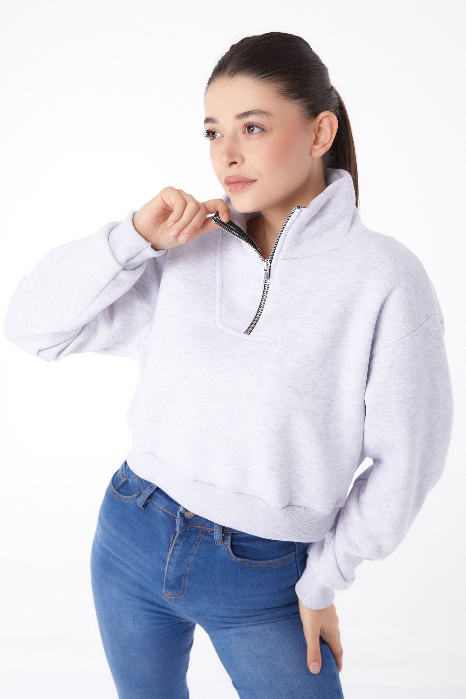 Fermuarlı Mini Sweatshirt Gri - 26051 - 3