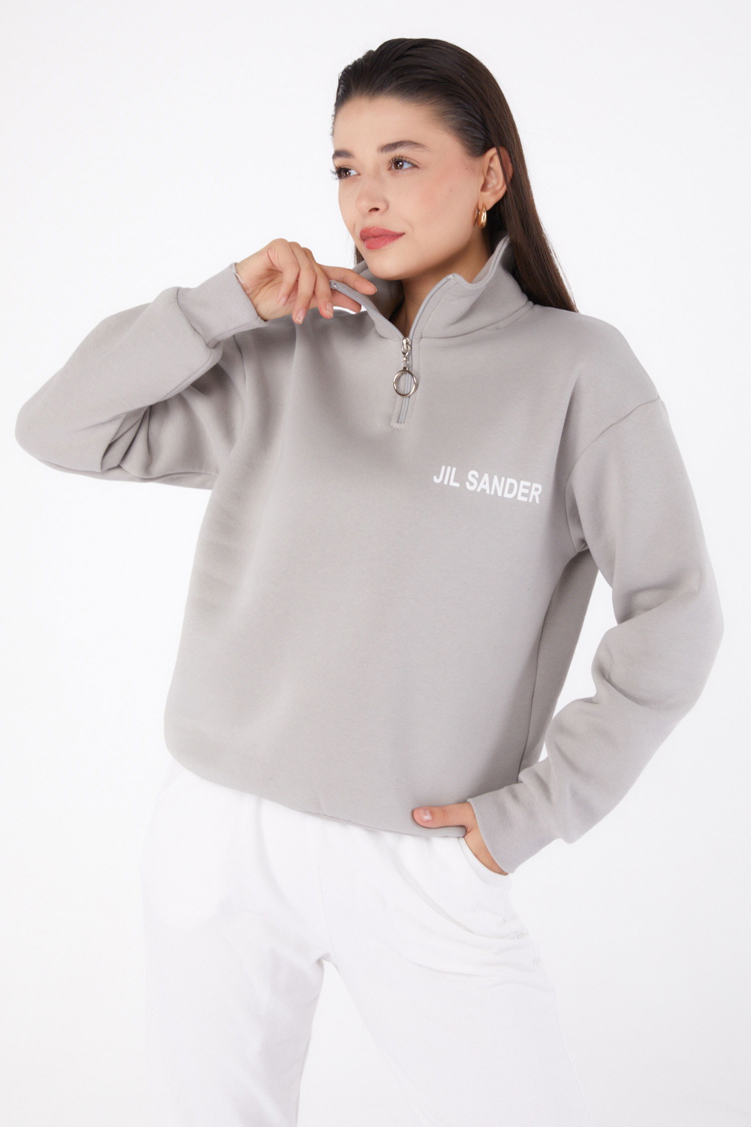 Düz Yarım Balıkçı Yaka Kadın Gri Fermuarlı Sweatshirt - 26368 - 1