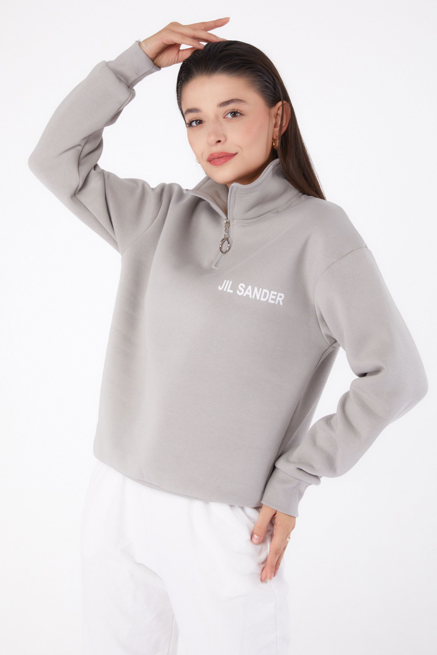 Düz Yarım Balıkçı Yaka Kadın Gri Fermuarlı Sweatshirt - 26368 - 2