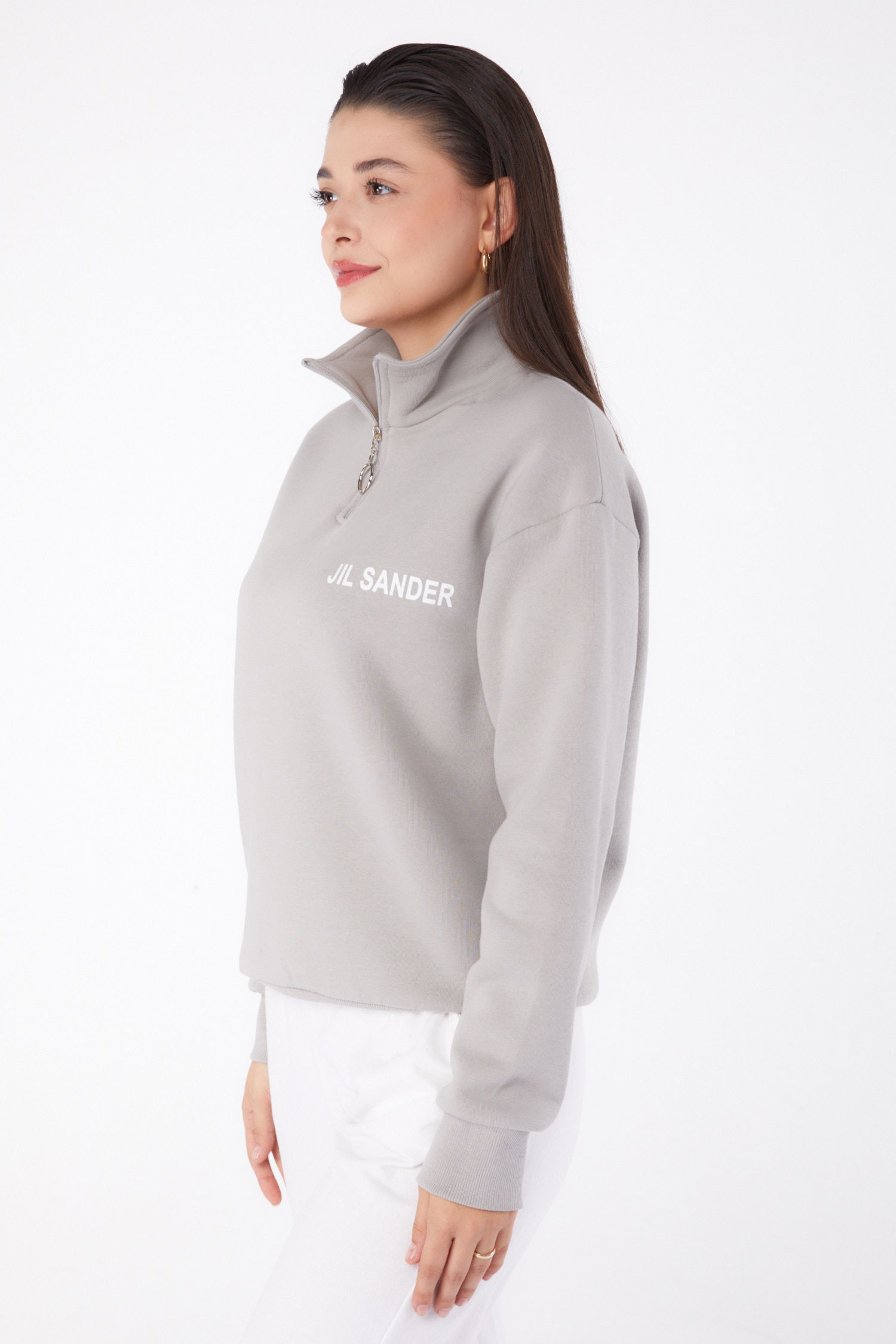 Düz Yarım Balıkçı Yaka Kadın Gri Fermuarlı Sweatshirt - 26368 - 3